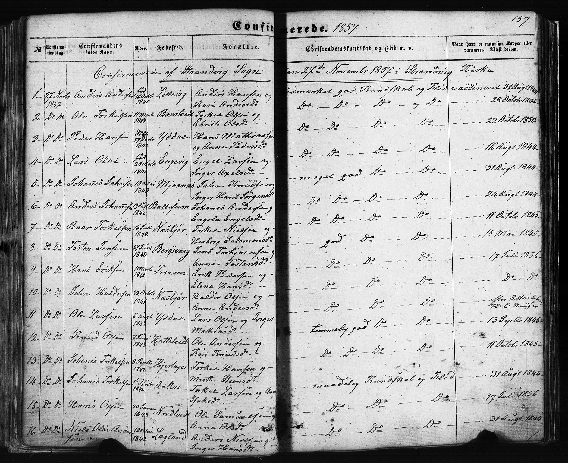 Fusa sokneprestembete, AV/SAB-A-75401/H/Haa: Parish register (official) no. A 1I, 1855-1879, p. 157