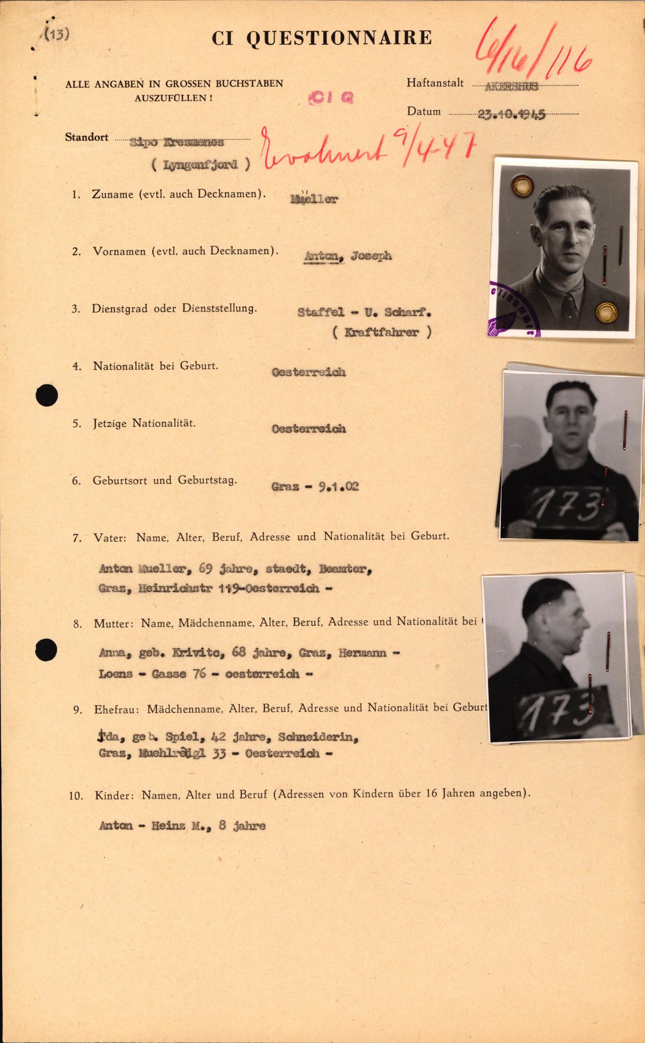 Forsvaret, Forsvarets overkommando II, AV/RA-RAFA-3915/D/Db/L0039: CI Questionaires. Tyske okkupasjonsstyrker i Norge. Østerrikere., 1945-1946, p. 461