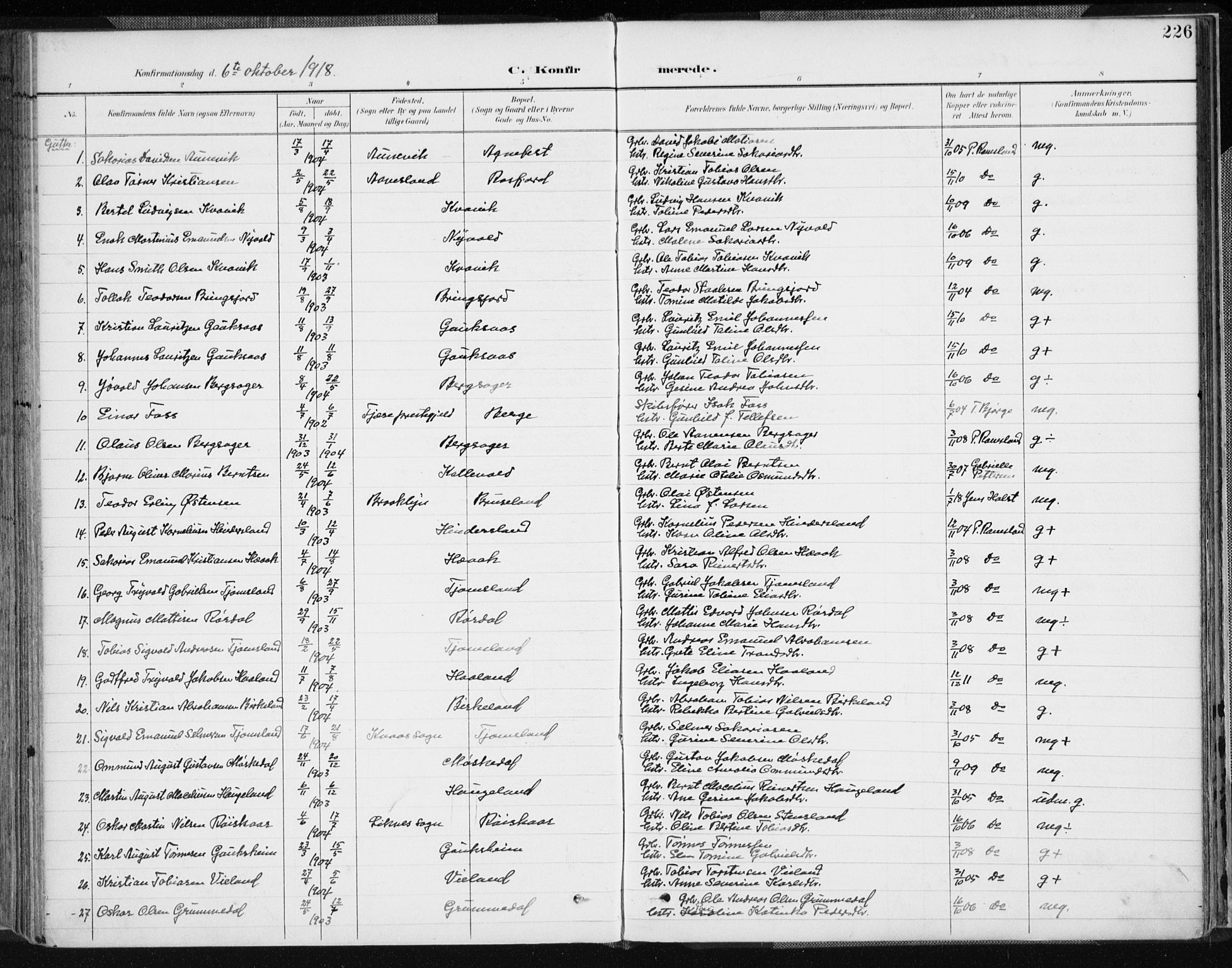 Lyngdal sokneprestkontor, AV/SAK-1111-0029/F/Fa/Fac/L0012: Parish register (official) no. A 12, 1894-1918, p. 226