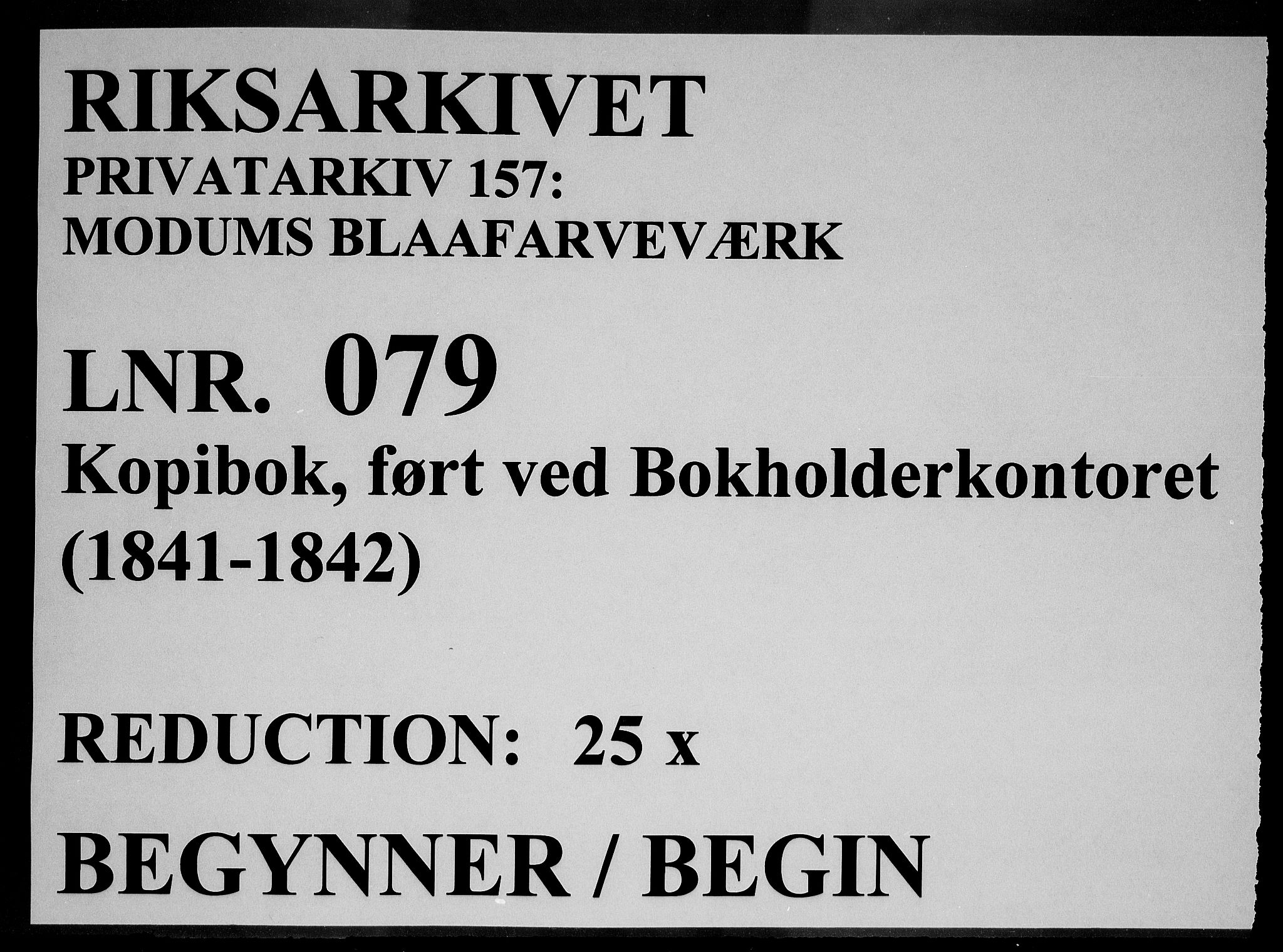 Modums Blaafarveværk, RA/PA-0157/G/Gb/L0079/0001: -- / Kopibok, ført ved Bokholderkontoret, 1841-1842, p. 1