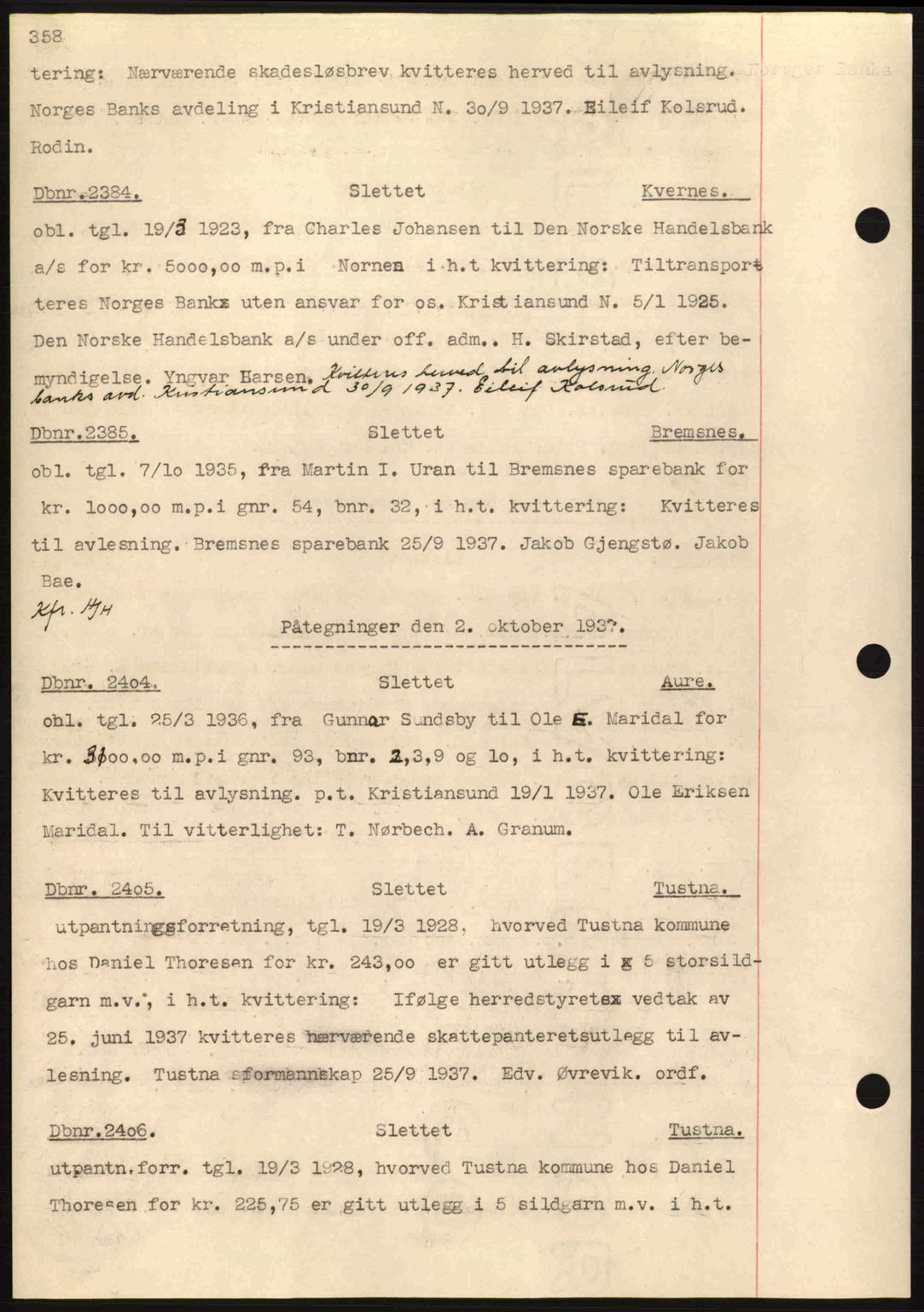 Nordmøre sorenskriveri, AV/SAT-A-4132/1/2/2Ca: Mortgage book no. C80, 1936-1939, Diary no: : 2384/1937