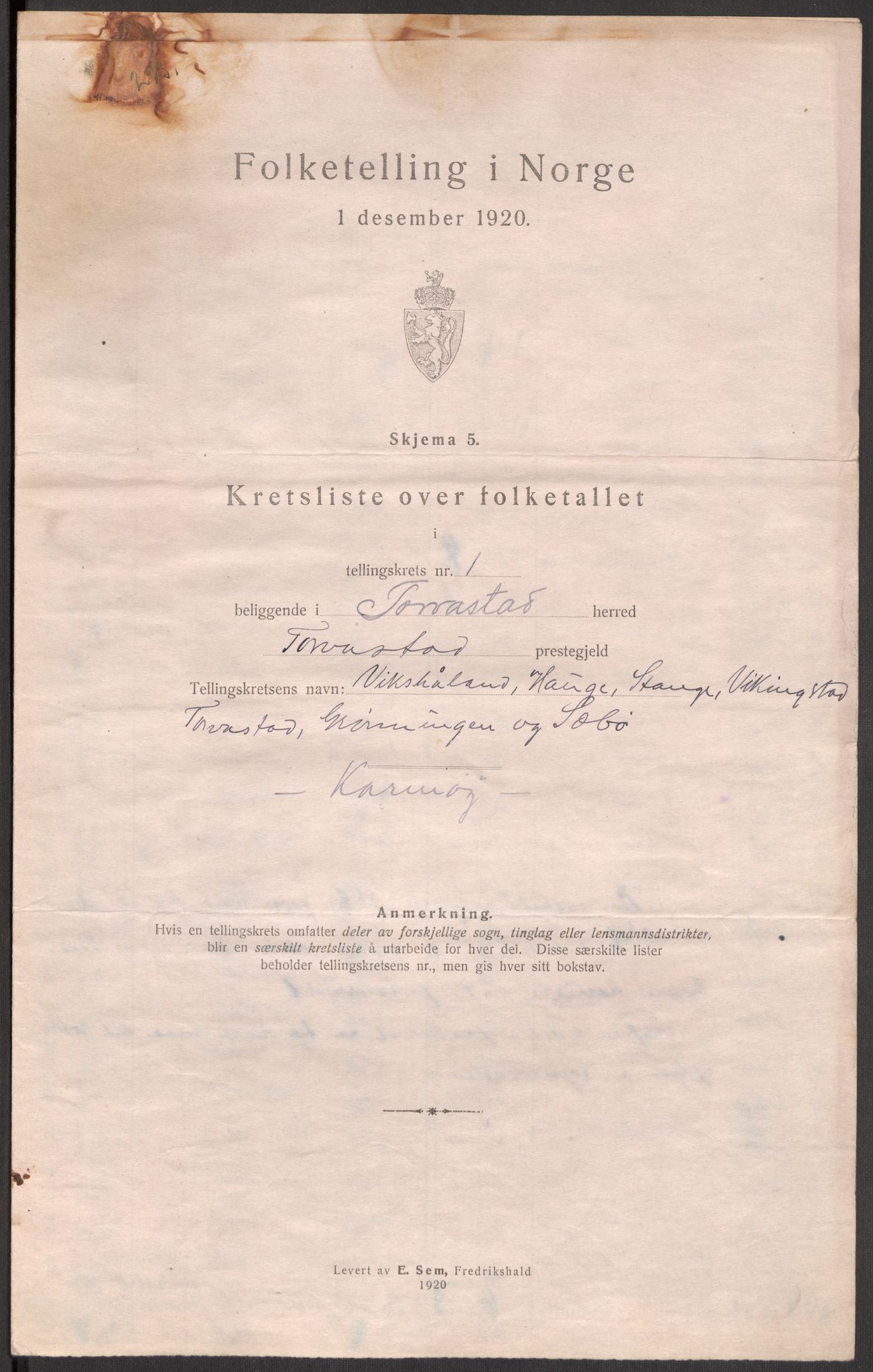 SAST, 1920 census for Torvastad, 1920, p. 9