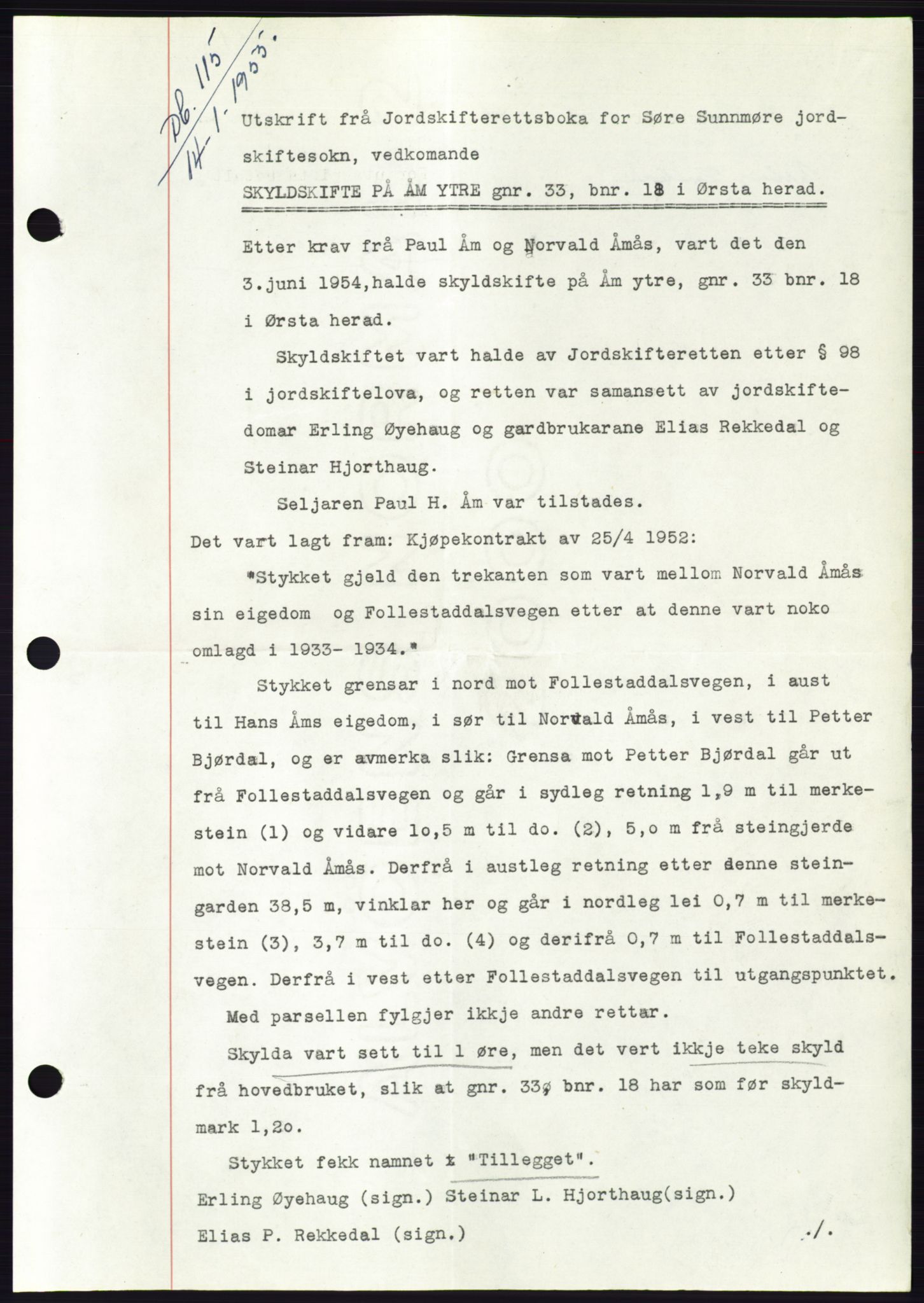 Søre Sunnmøre sorenskriveri, AV/SAT-A-4122/1/2/2C/L0100: Mortgage book no. 26A, 1954-1955, Diary no: : 115/1955