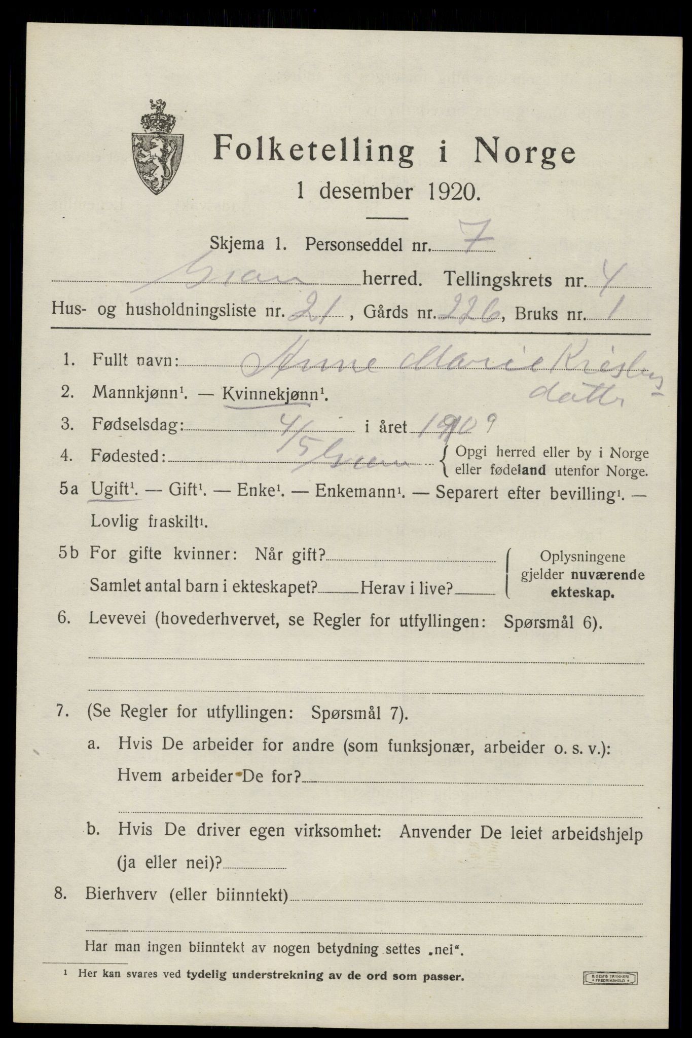 SAH, 1920 census for Gran, 1920, p. 6644