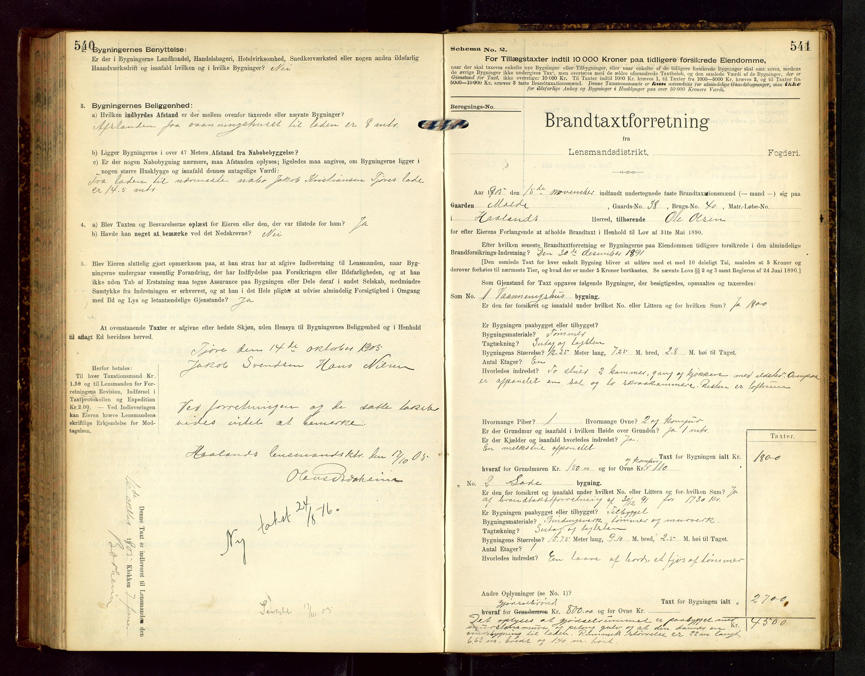 Håland lensmannskontor, SAST/A-100100/Gob/L0002: Branntakstprotokoll - skjematakst. Register i boken., 1902-1906, p. 540-541