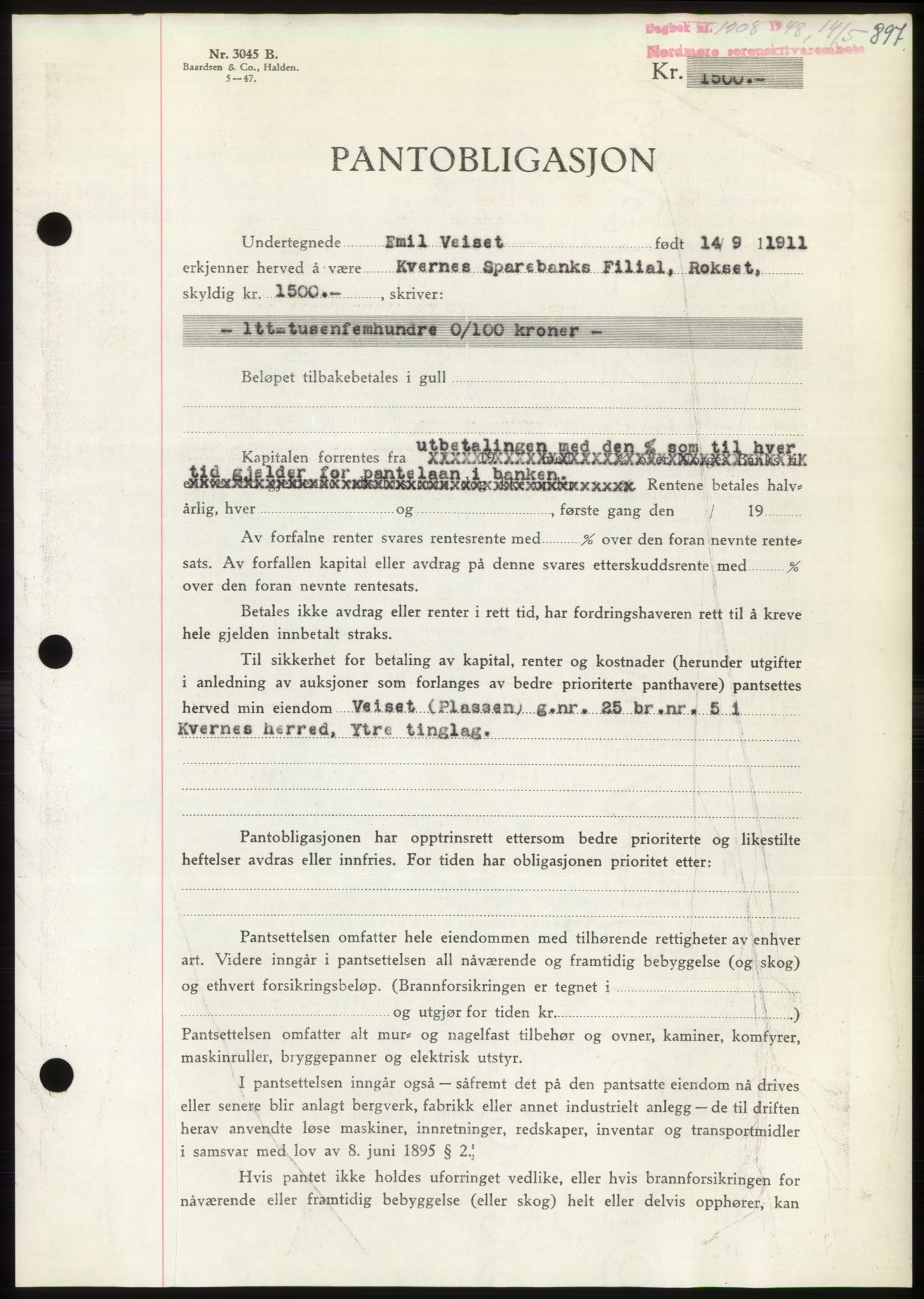 Nordmøre sorenskriveri, AV/SAT-A-4132/1/2/2Ca: Mortgage book no. B98, 1948-1948, Diary no: : 1208/1948