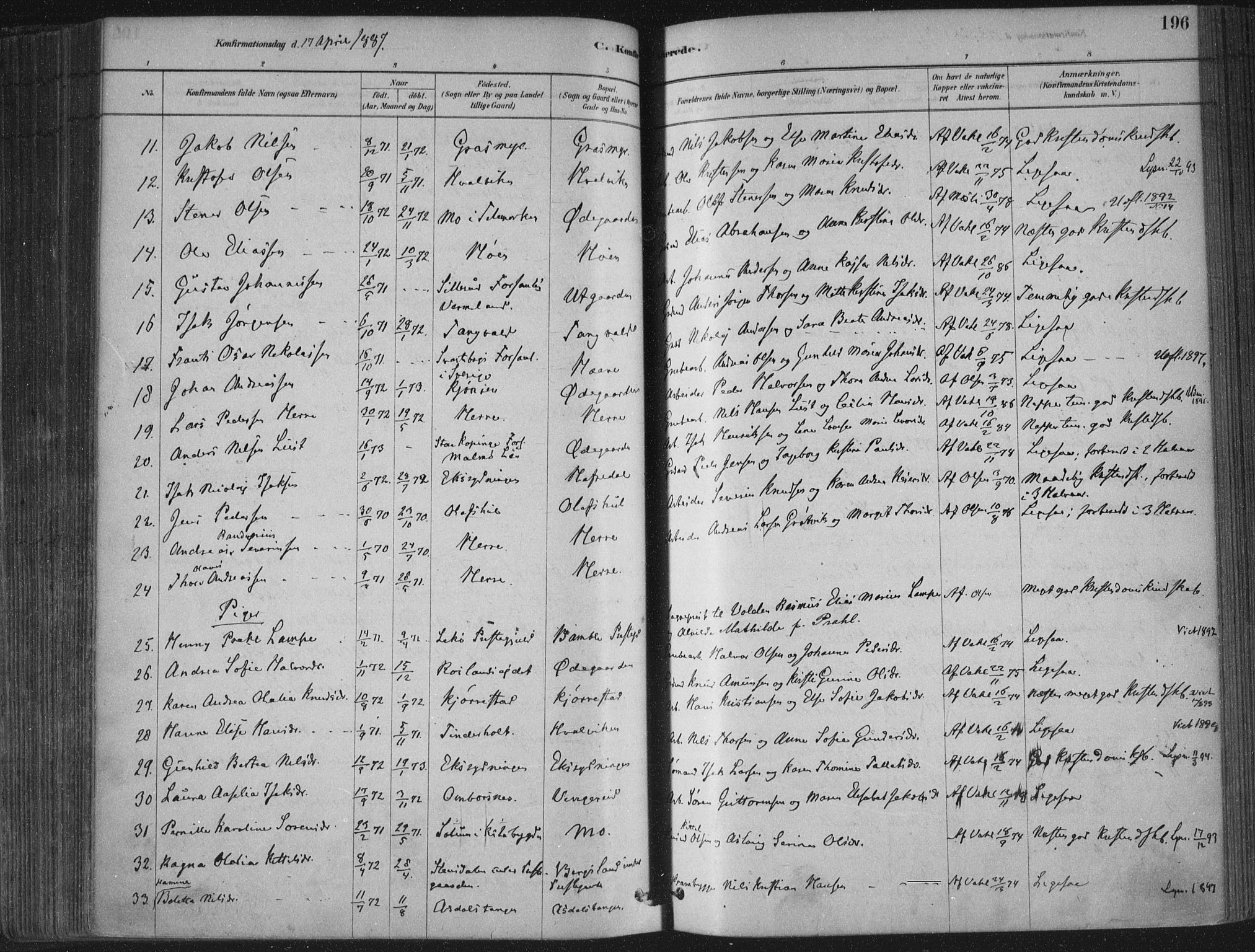 Bamble kirkebøker, SAKO/A-253/F/Fa/L0007: Parish register (official) no. I 7, 1878-1888, p. 196