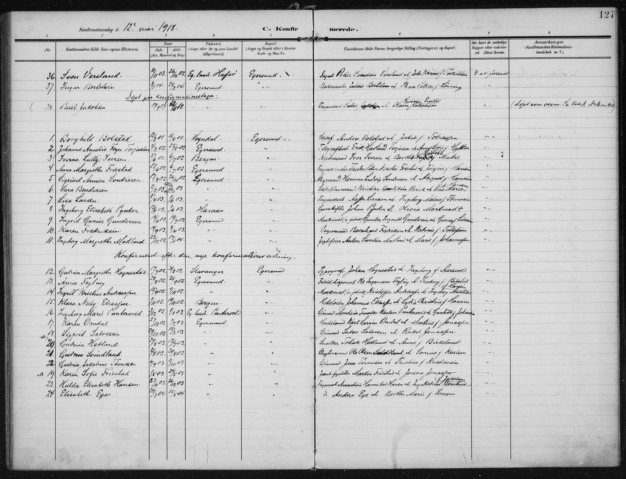 Eigersund sokneprestkontor, AV/SAST-A-101807/S08/L0022: Parish register (official) no. A 21, 1905-1928, p. 127