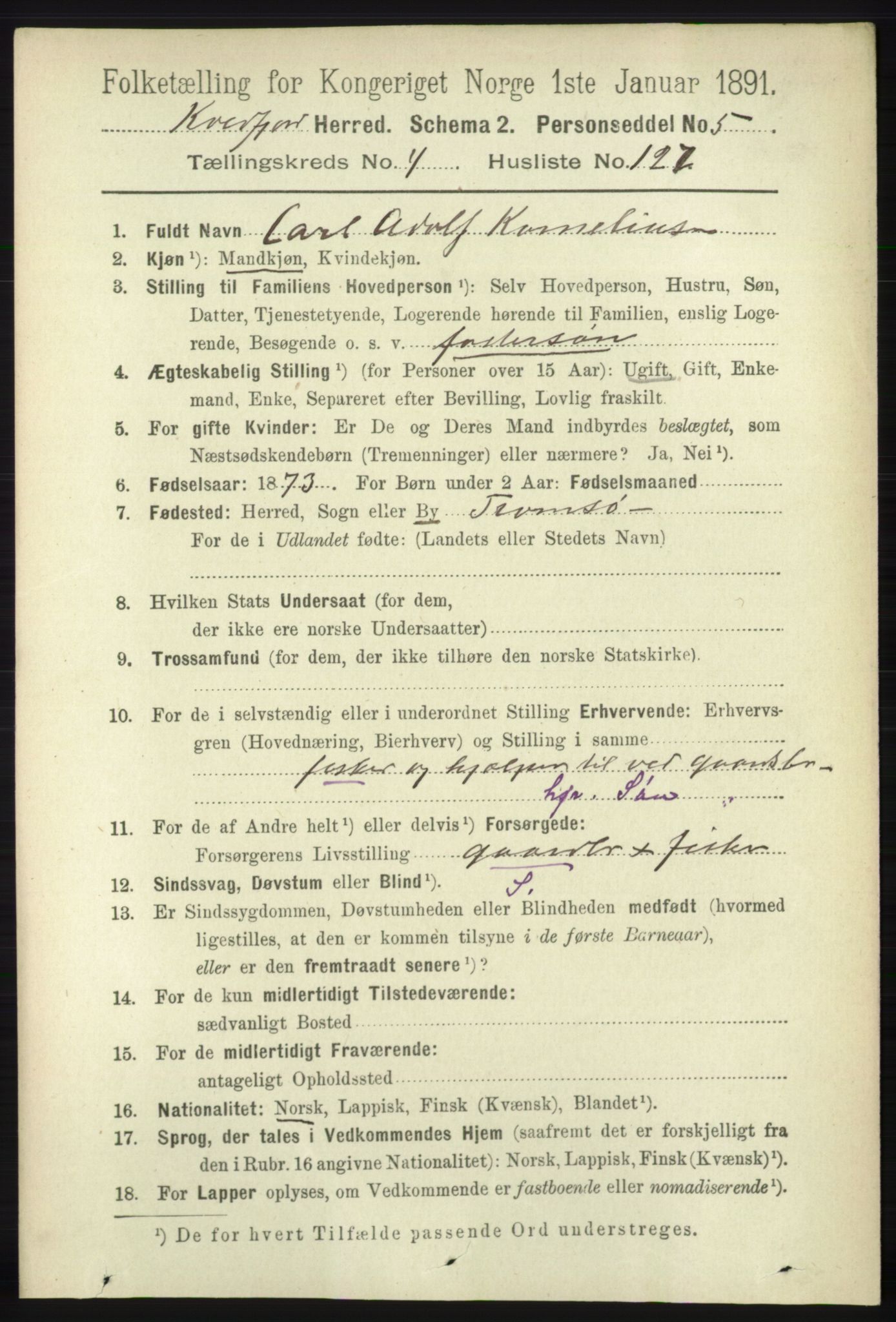 RA, 1891 census for 1911 Kvæfjord, 1891, p. 2698