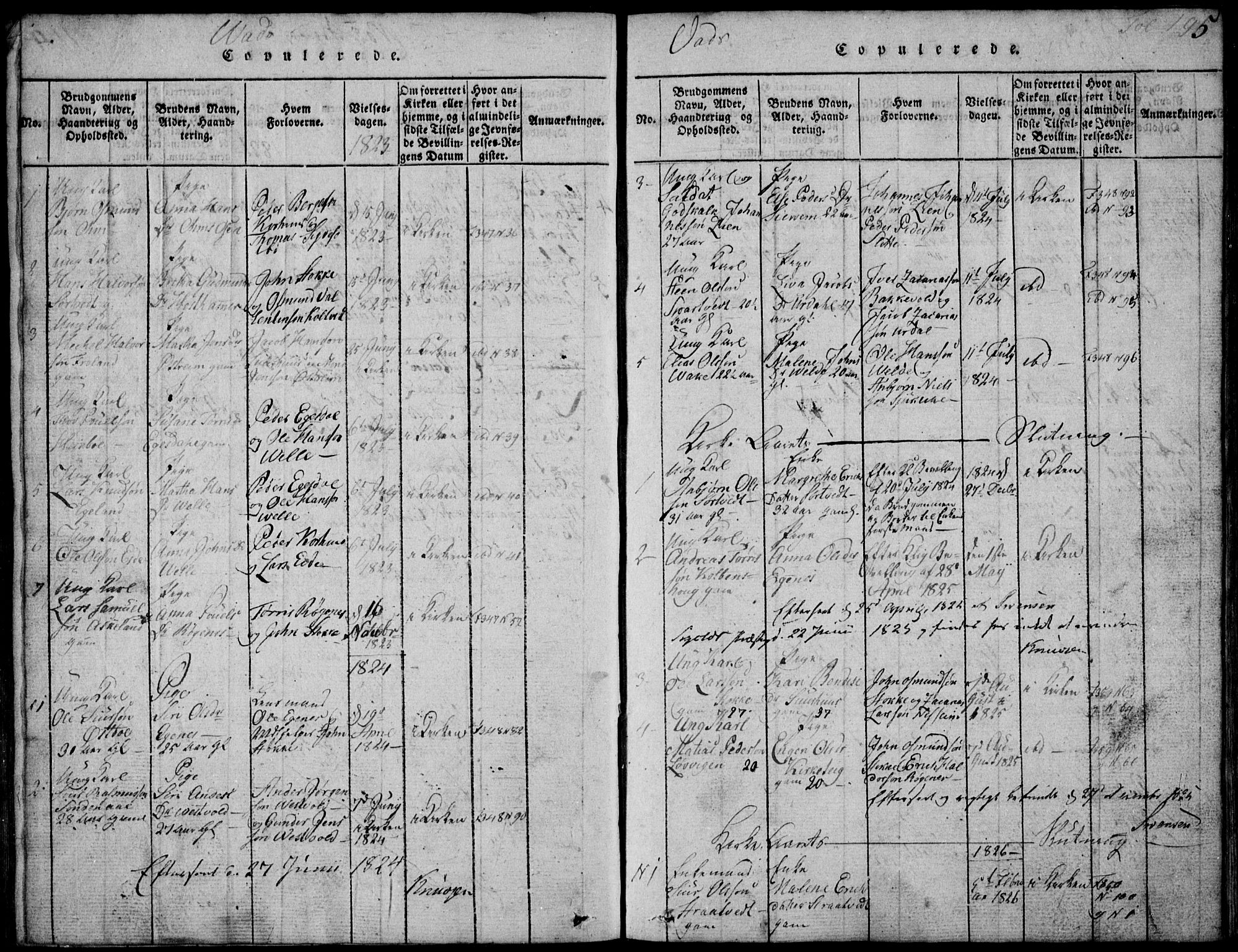 Skjold sokneprestkontor, AV/SAST-A-101847/H/Ha/Hab/L0002: Parish register (copy) no. B 2 /2, 1815-1830, p. 195