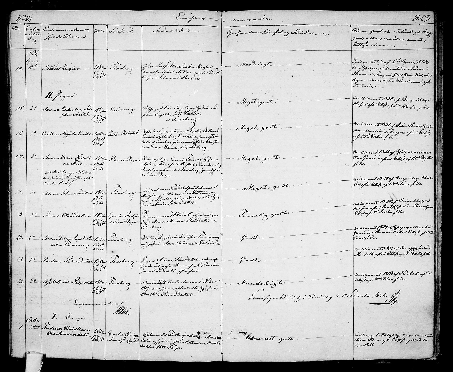 Tønsberg kirkebøker, AV/SAKO-A-330/F/Fa/L0005: Parish register (official) no. I 5, 1827-1836, p. 822-823