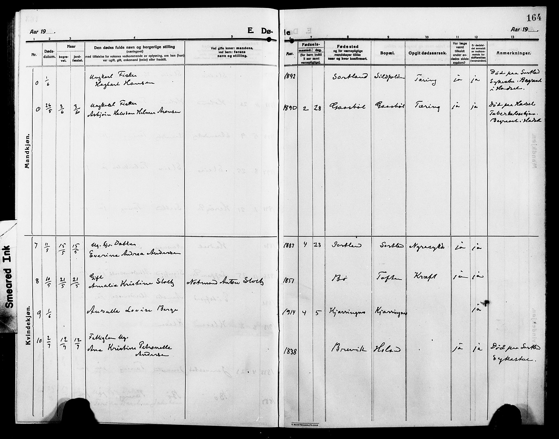 Ministerialprotokoller, klokkerbøker og fødselsregistre - Nordland, AV/SAT-A-1459/895/L1383: Parish register (copy) no. 895C05, 1913-1922, p. 164