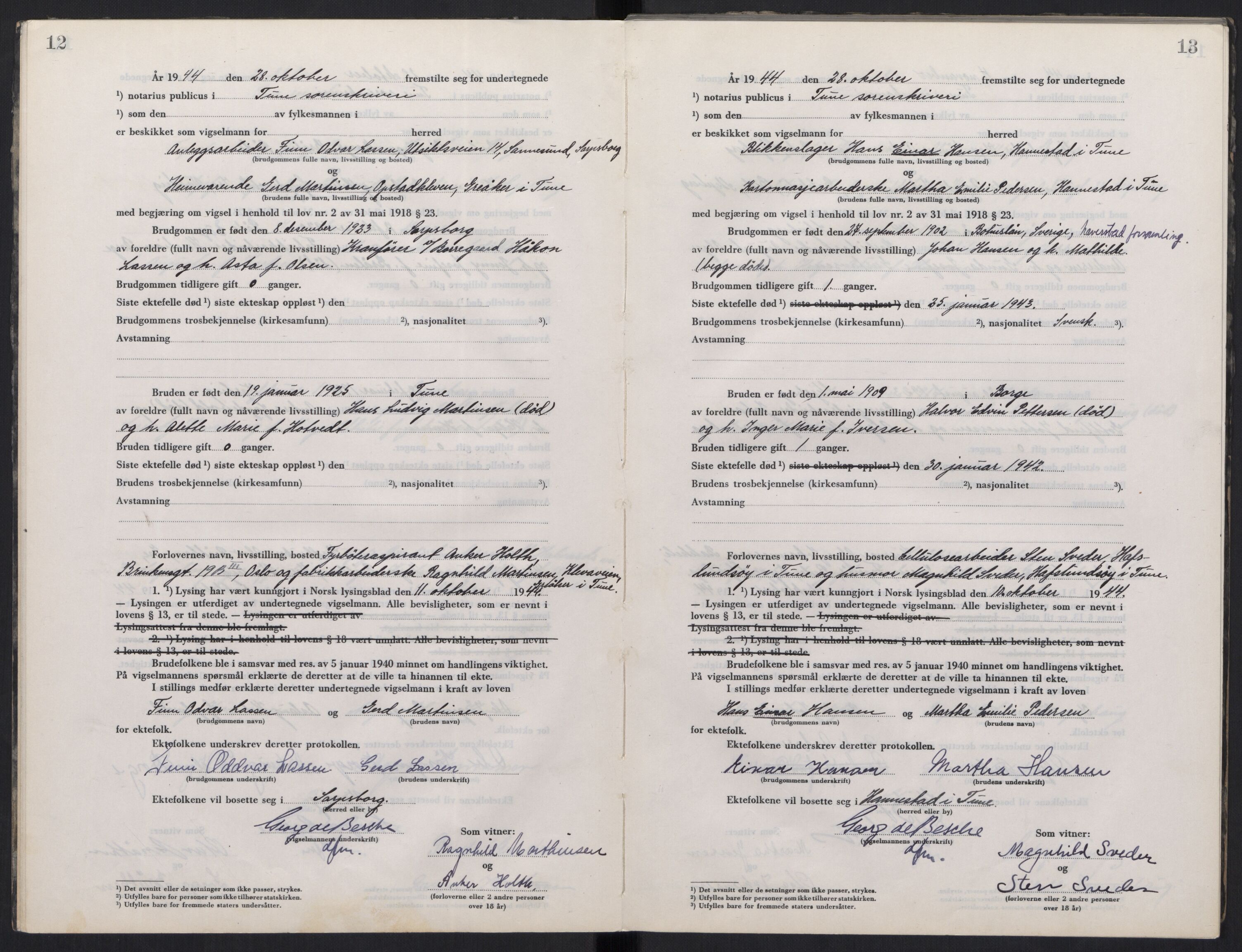 Tune sorenskriveri, AV/SAO-A-10470/L/Lb/L0003: Vigselprotokoll, 1944-1951, p. 12-13
