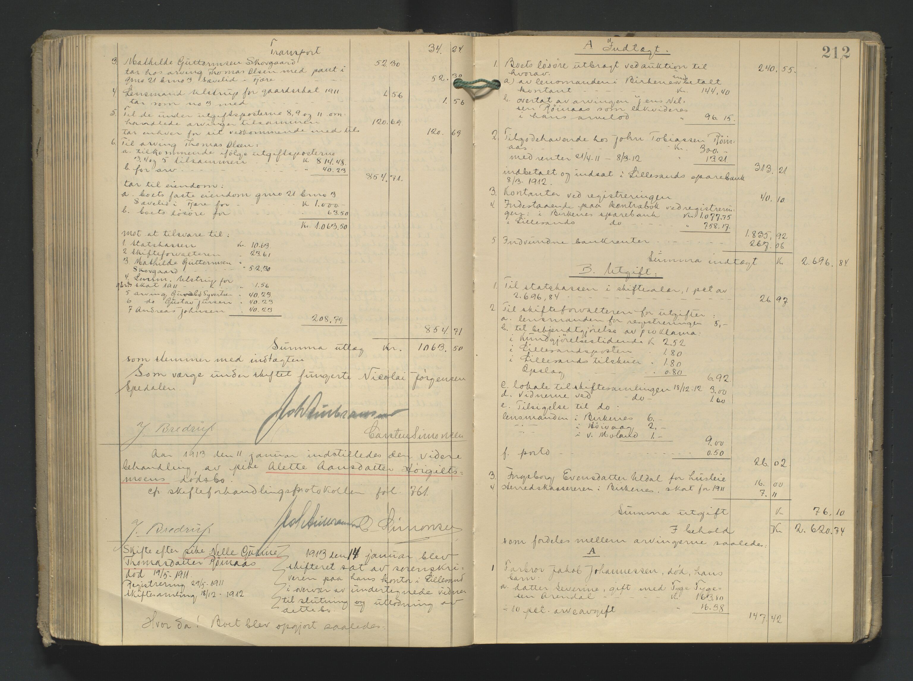 Vestre Nedenes/Sand sorenskriveri, AV/SAK-1221-0010/H/Hc/L0021: Skifteutlodningsprotokoll nr. 8, 1907-1919, p. 212