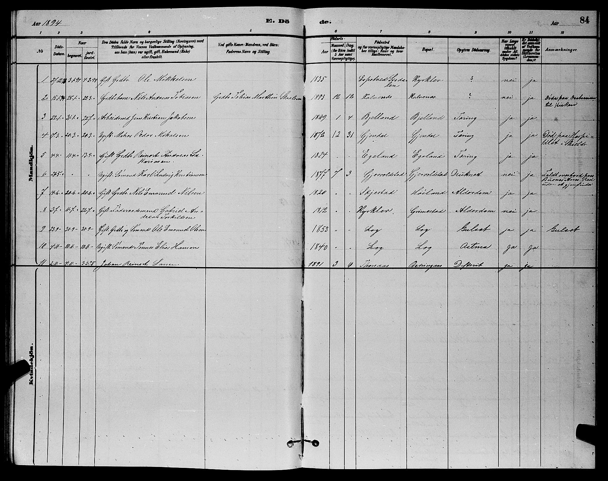 Herad sokneprestkontor, AV/SAK-1111-0018/F/Fb/Fba/L0004: Parish register (copy) no. B 4, 1882-1899, p. 84