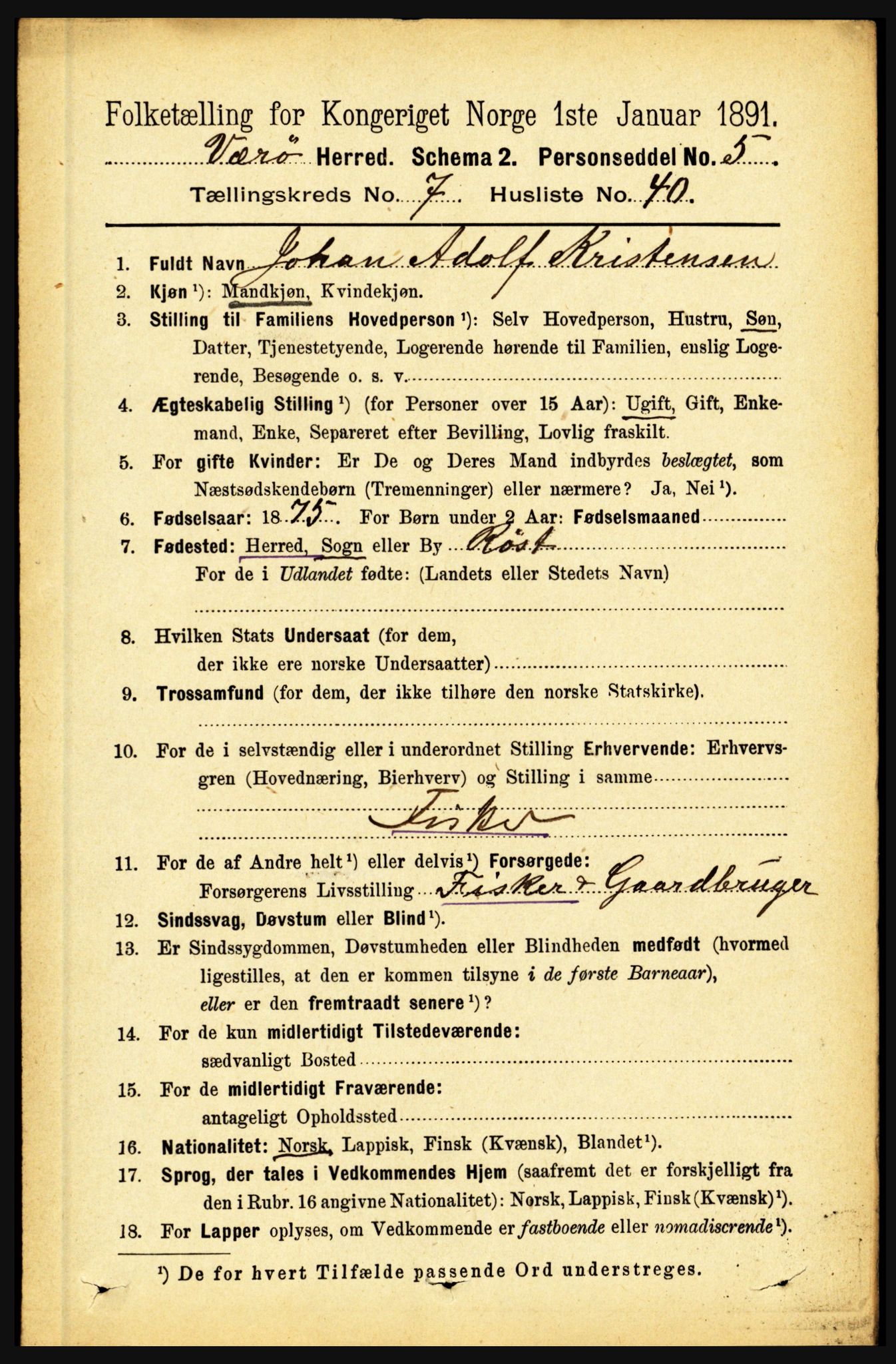 RA, 1891 census for 1857 Værøy, 1891, p. 1015