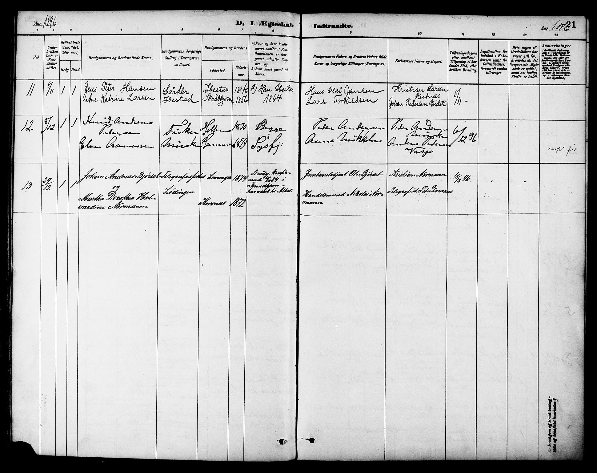 Ministerialprotokoller, klokkerbøker og fødselsregistre - Nordland, AV/SAT-A-1459/861/L0870: Parish register (official) no. 861A05, 1889-1903, p. 21