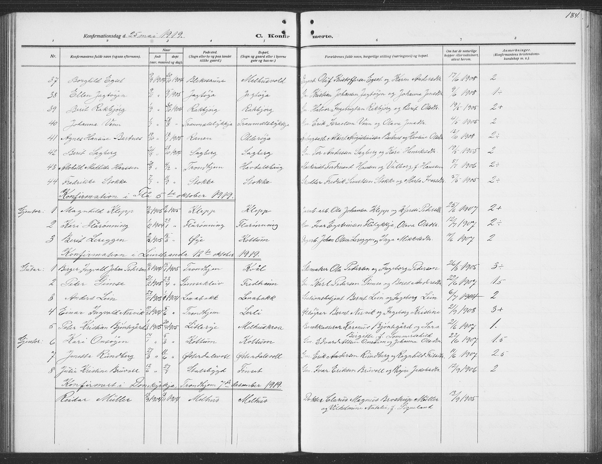 Ministerialprotokoller, klokkerbøker og fødselsregistre - Sør-Trøndelag, SAT/A-1456/691/L1095: Parish register (copy) no. 691C06, 1912-1933, p. 184