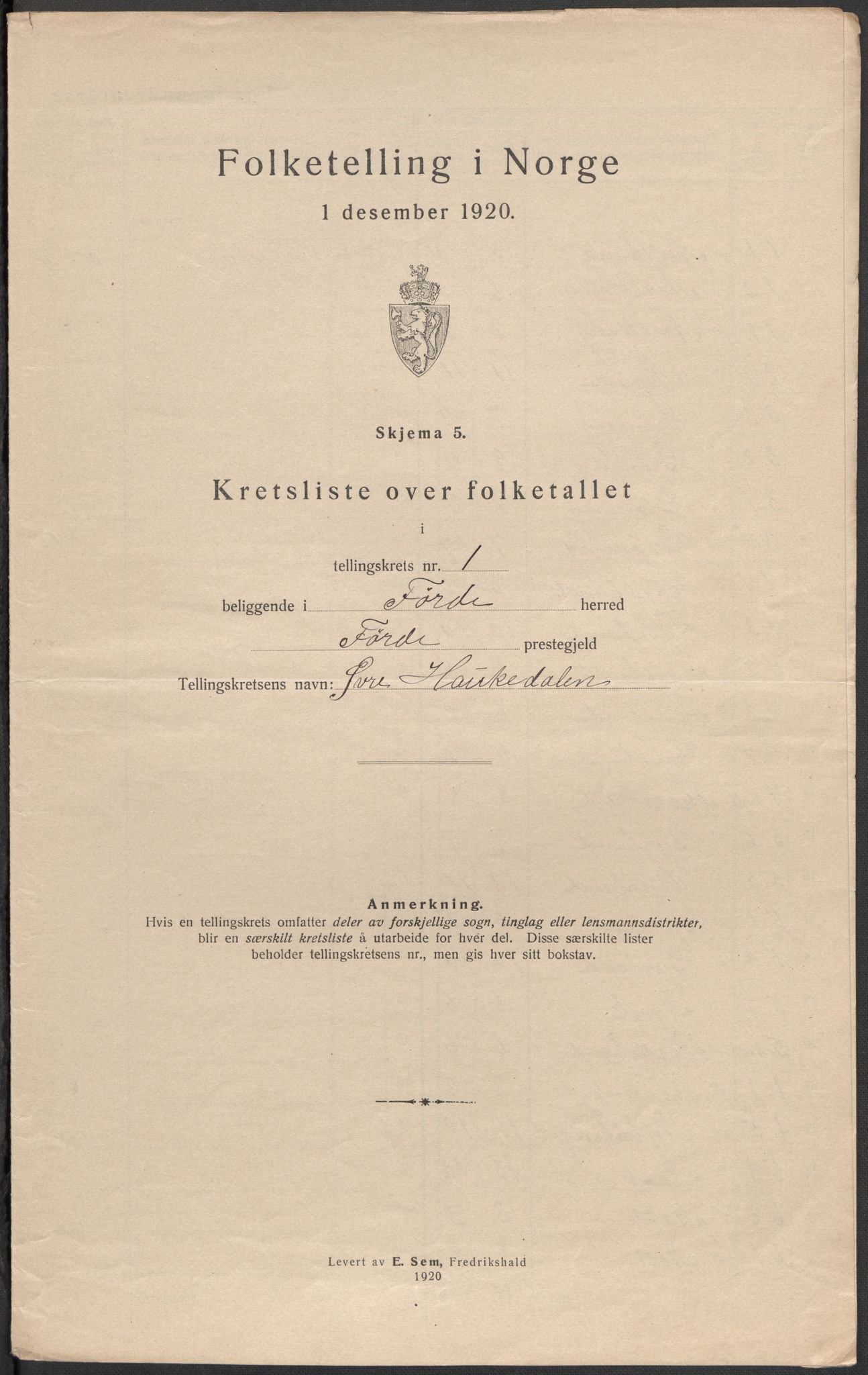 SAB, 1920 census for Førde, 1920, p. 5