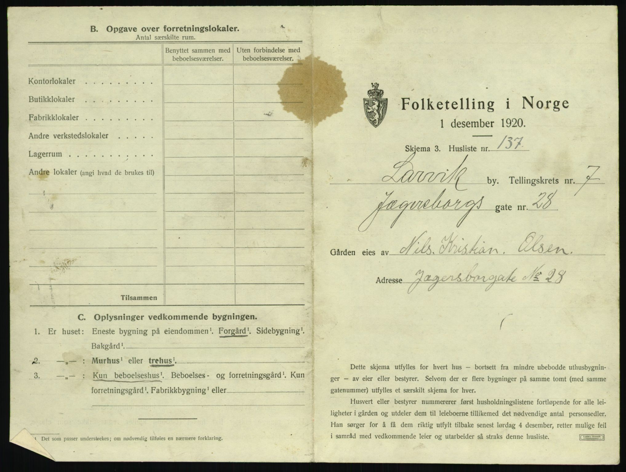 SAKO, 1920 census for Larvik, 1920, p. 1906