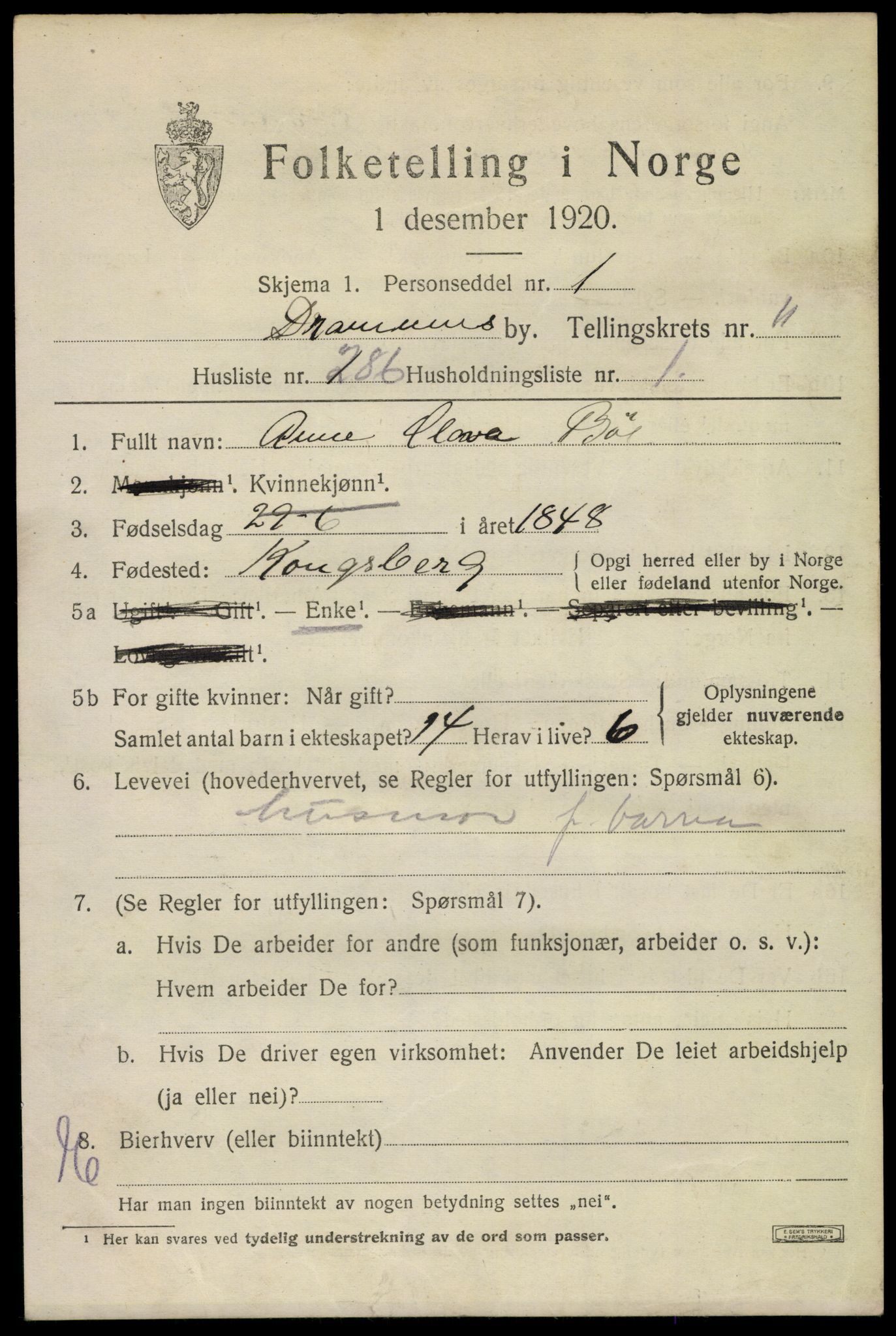 SAKO, 1920 census for Drammen, 1920, p. 71739