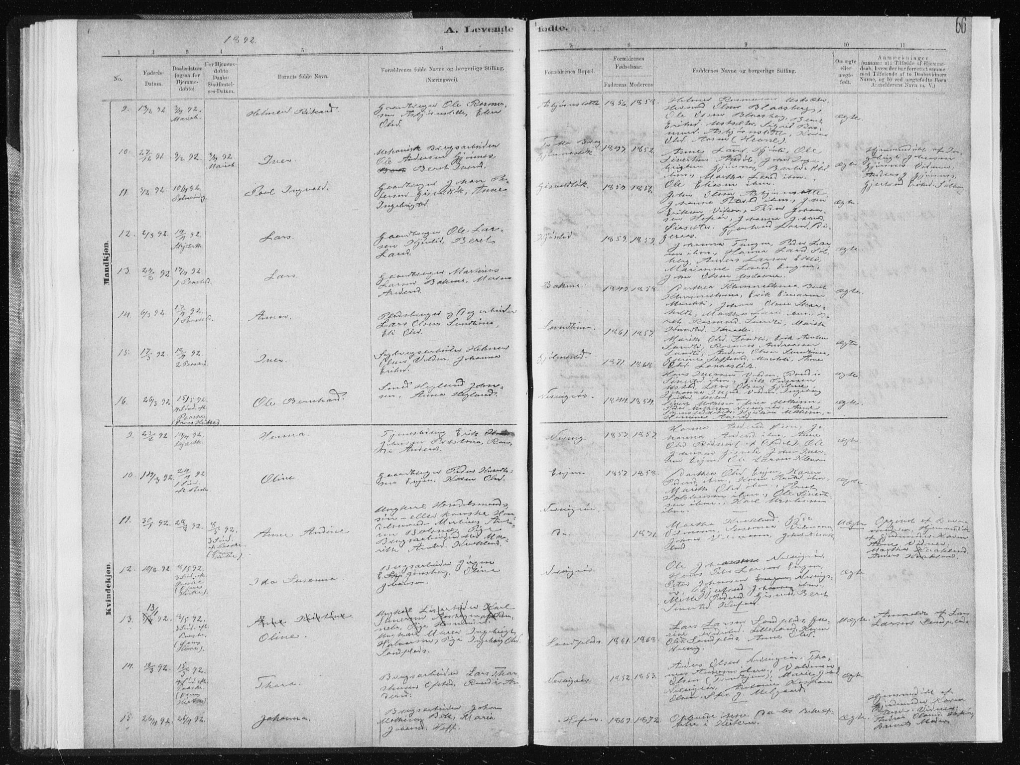 Ministerialprotokoller, klokkerbøker og fødselsregistre - Sør-Trøndelag, SAT/A-1456/668/L0818: Parish register (copy) no. 668C07, 1885-1898, p. 66
