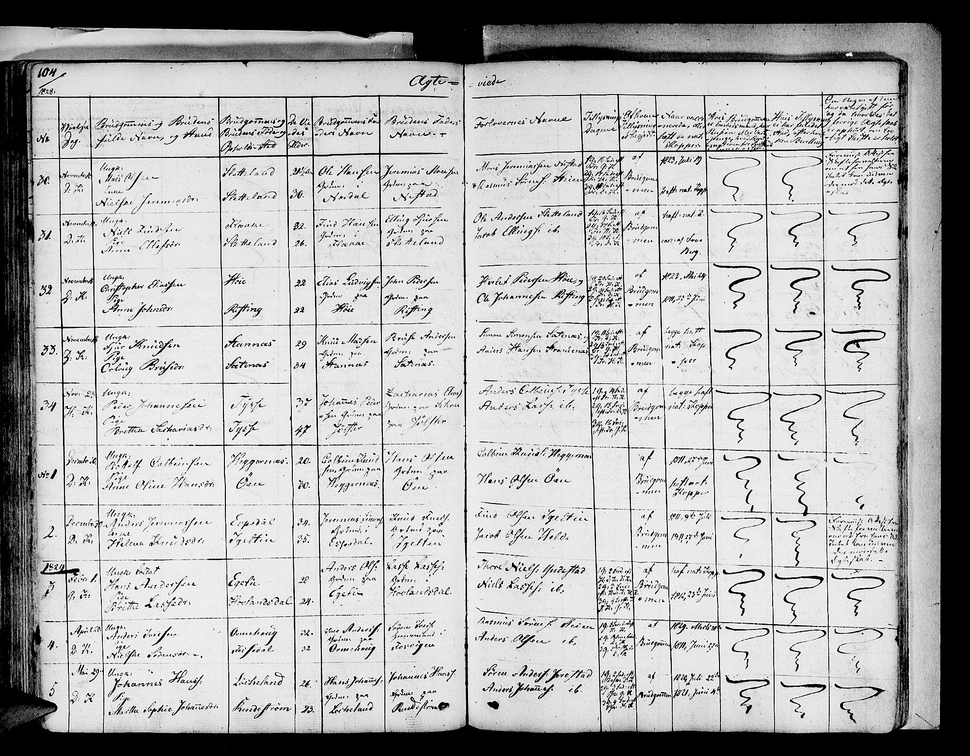 Fjaler sokneprestembete, AV/SAB-A-79801/H/Haa/Haaa/L0005: Parish register (official) no. A 5, 1821-1835, p. 104