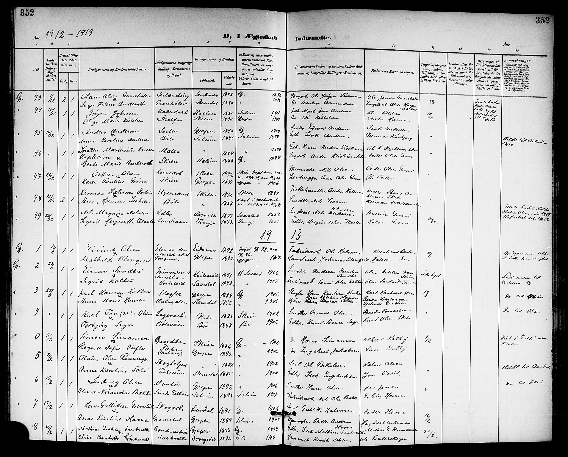 Gjerpen kirkebøker, SAKO/A-265/G/Ga/L0003: Parish register (copy) no. I 3, 1901-1919, p. 352