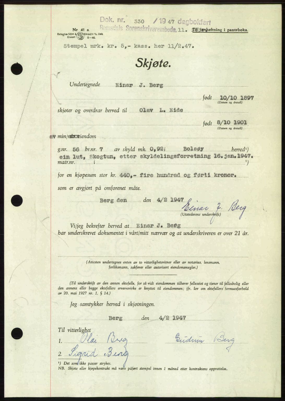 Romsdal sorenskriveri, SAT/A-4149/1/2/2C: Mortgage book no. A22, 1947-1947, Diary no: : 330/1947