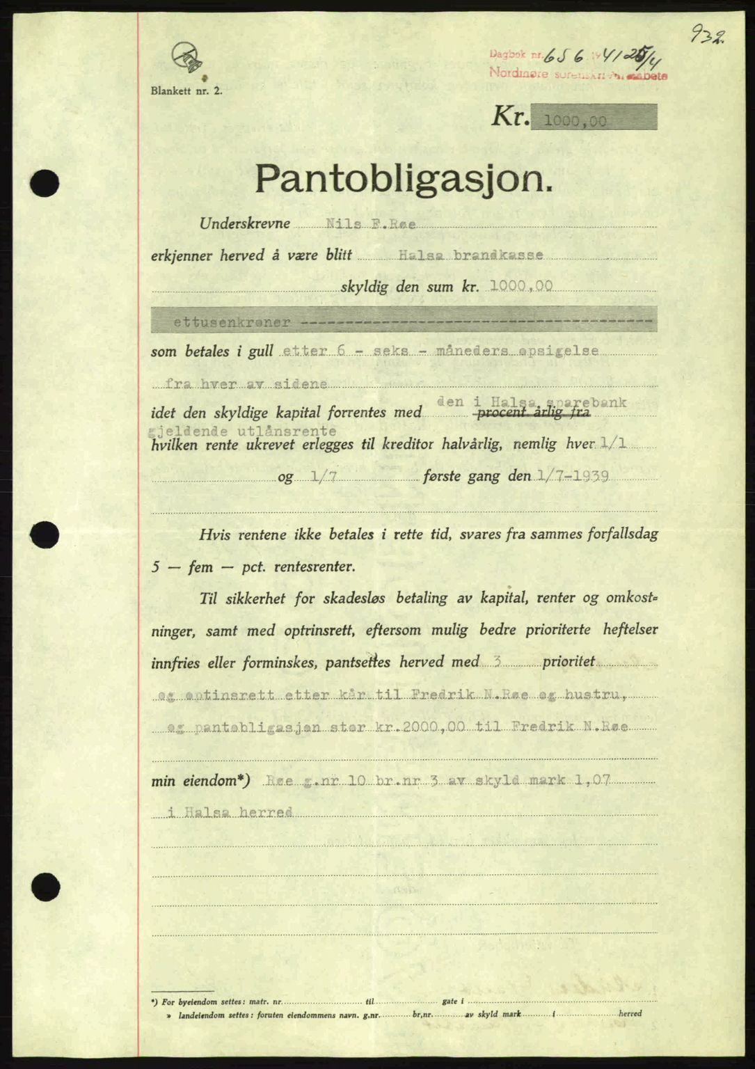 Nordmøre sorenskriveri, AV/SAT-A-4132/1/2/2Ca: Mortgage book no. B87, 1940-1941, Diary no: : 656/1941