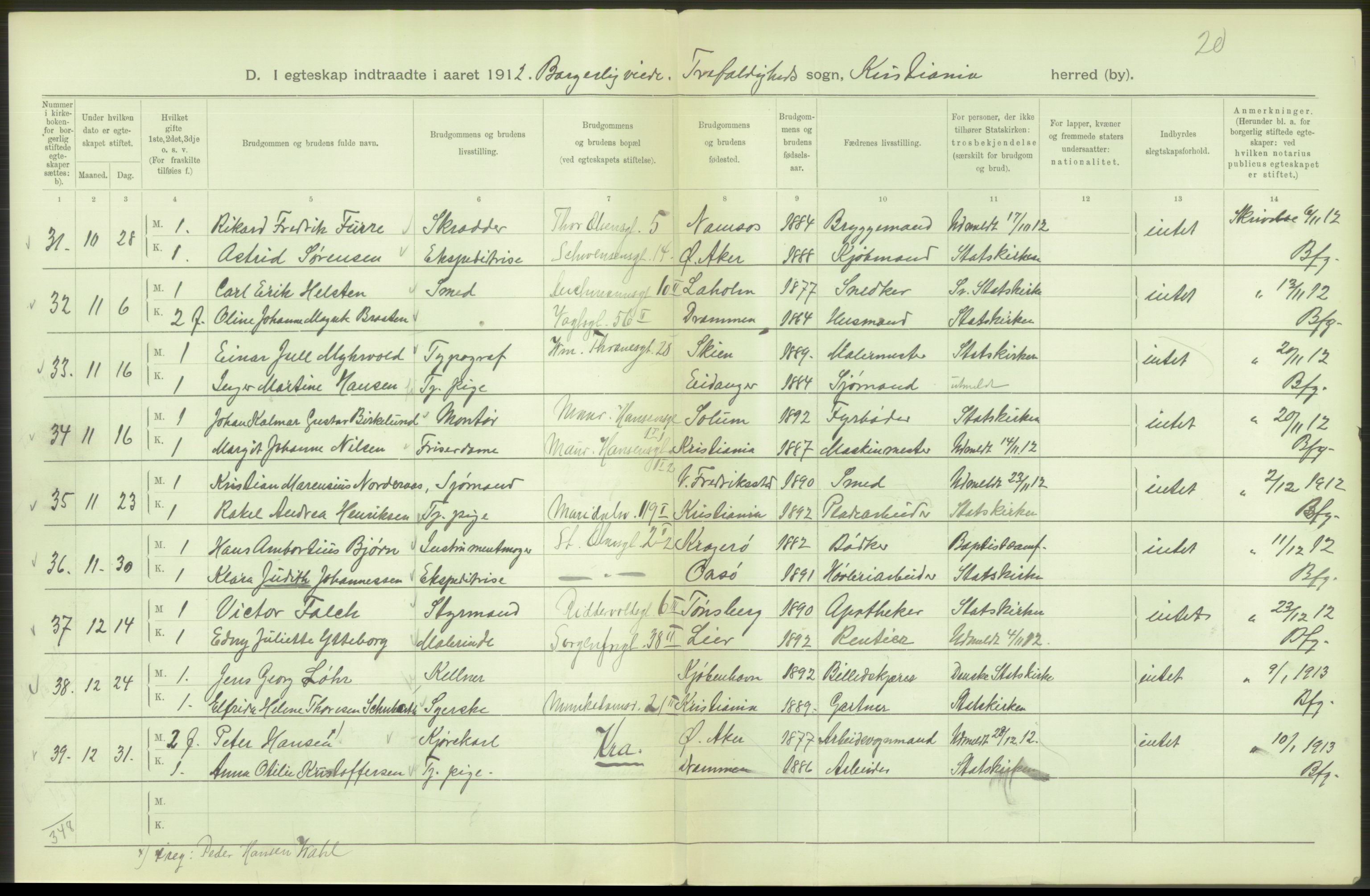 Statistisk sentralbyrå, Sosiodemografiske emner, Befolkning, RA/S-2228/D/Df/Dfb/Dfbb/L0008: Kristiania: Gifte, 1912, p. 588