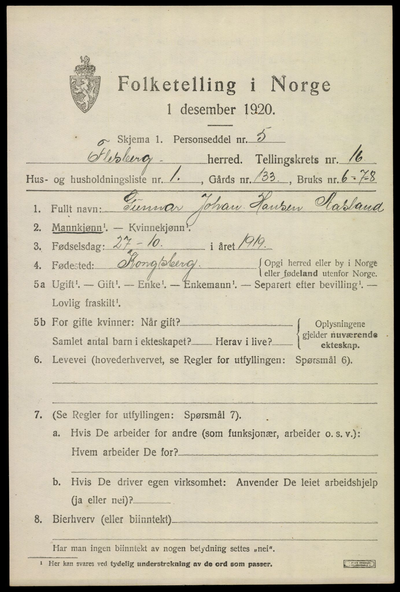 SAKO, 1920 census for Flesberg, 1920, p. 5011