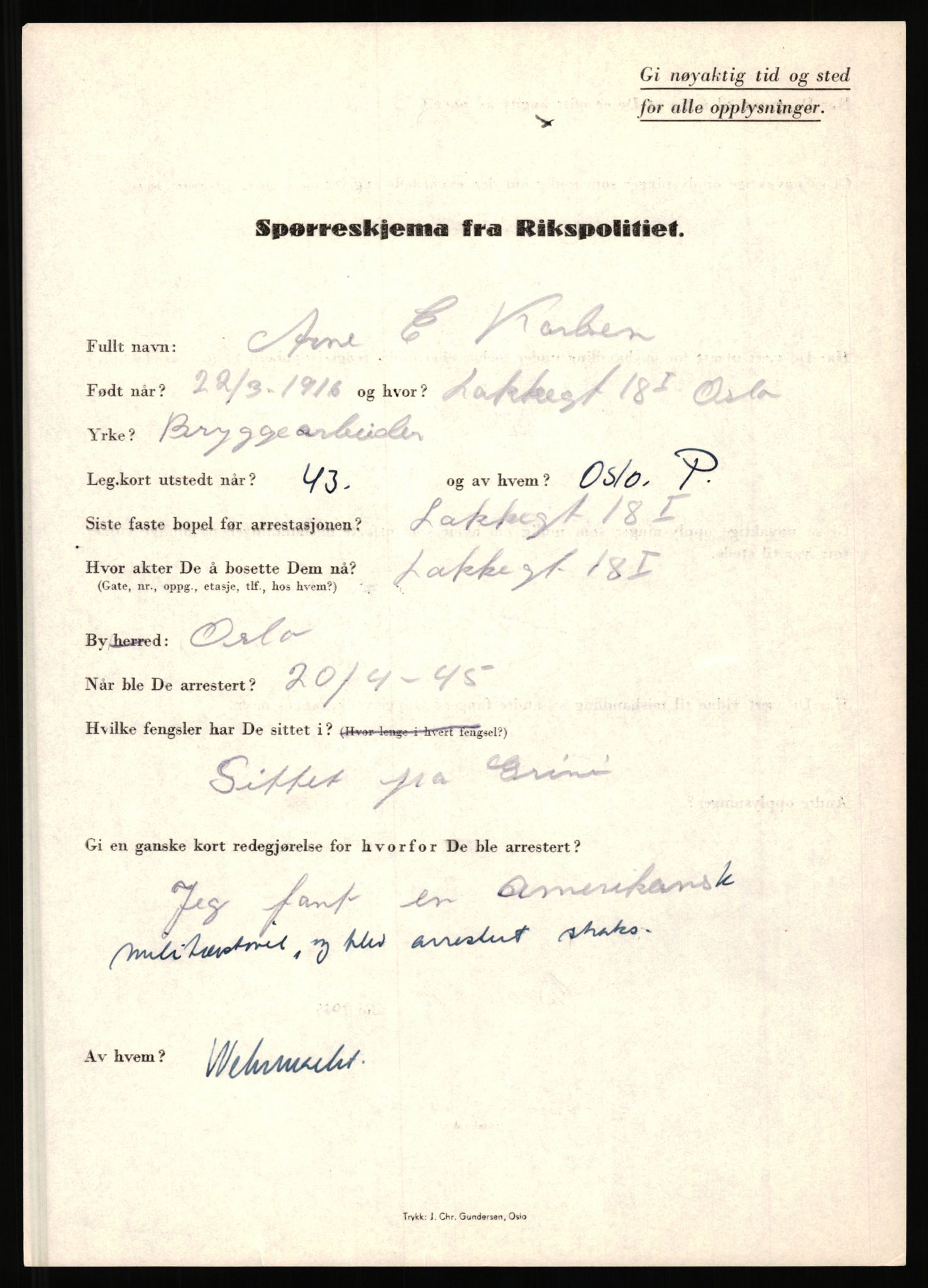 Rikspolitisjefen, AV/RA-S-1560/L/L0009: Karlsen, Aksel Emanuel - Kristiansen, Øivind Vetre, 1940-1945, p. 11