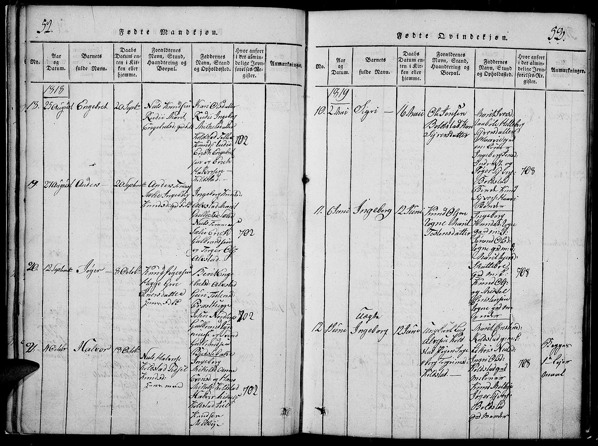 Slidre prestekontor, SAH/PREST-134/H/Ha/Hab/L0002: Parish register (copy) no. 2, 1814-1839, p. 52-53