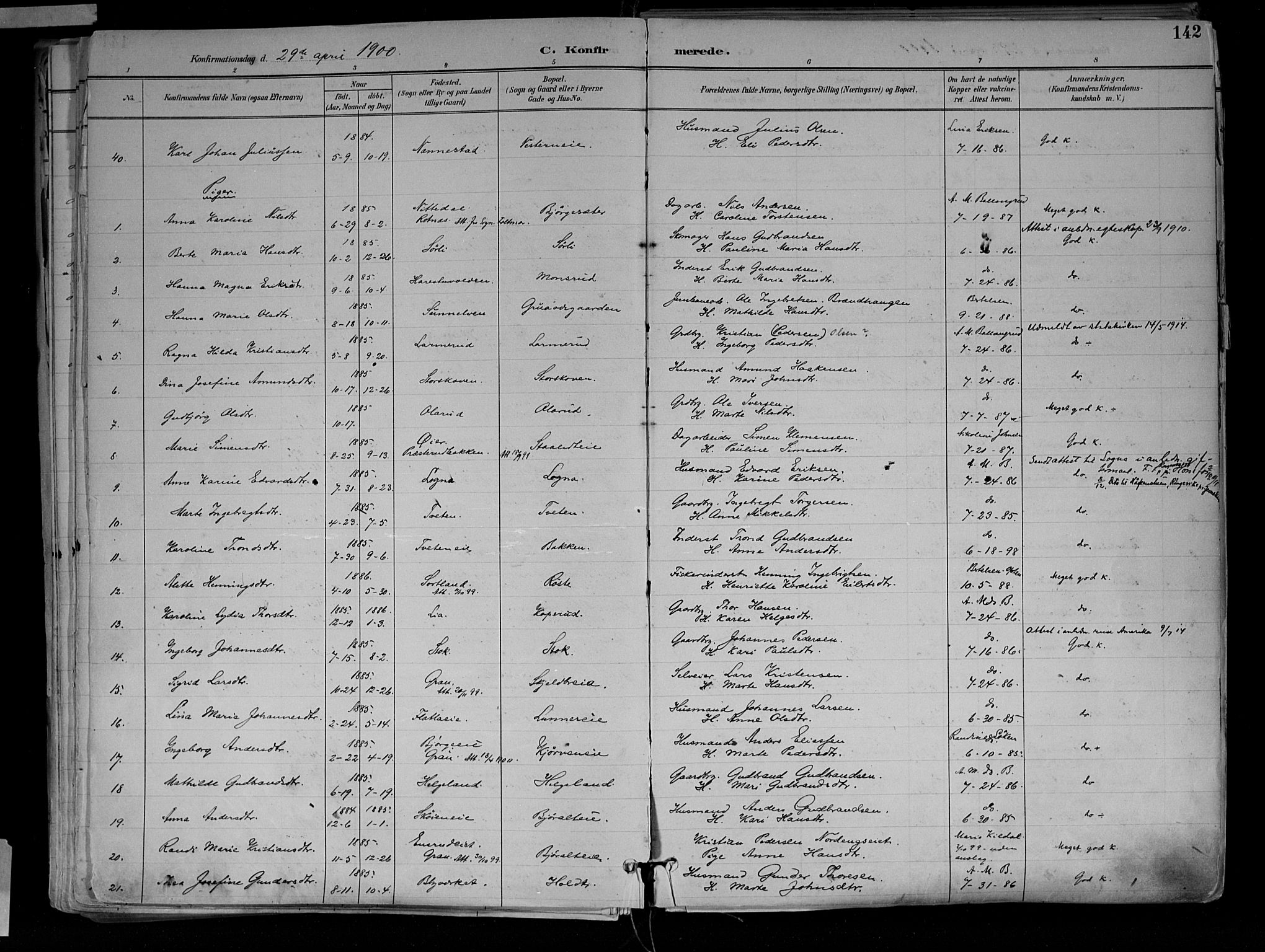Jevnaker prestekontor, SAH/PREST-116/H/Ha/Haa/L0010: Parish register (official) no. 10, 1891-1906, p. 142