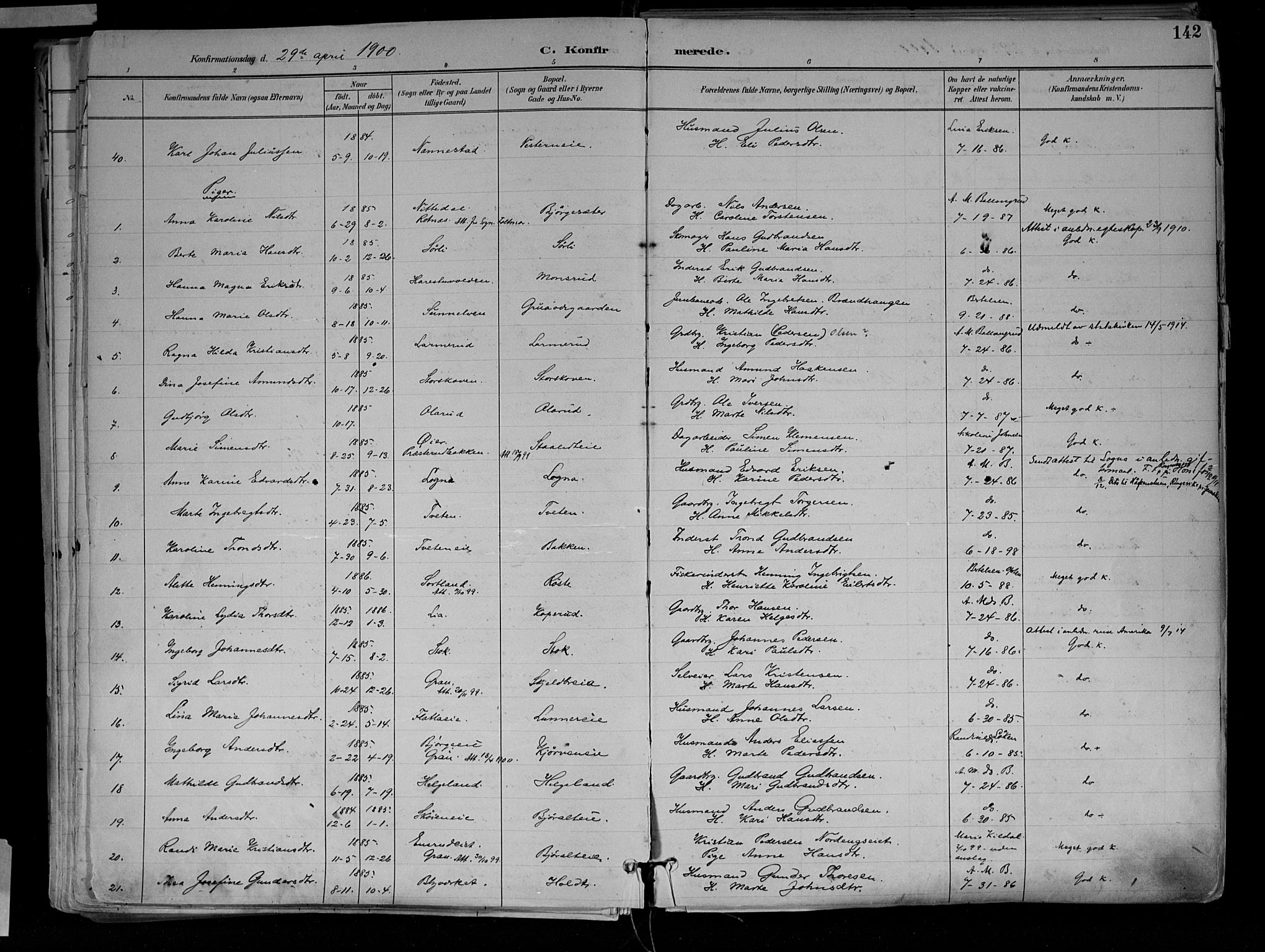 Jevnaker prestekontor, AV/SAH-PREST-116/H/Ha/Haa/L0010: Parish register (official) no. 10, 1891-1906, p. 142