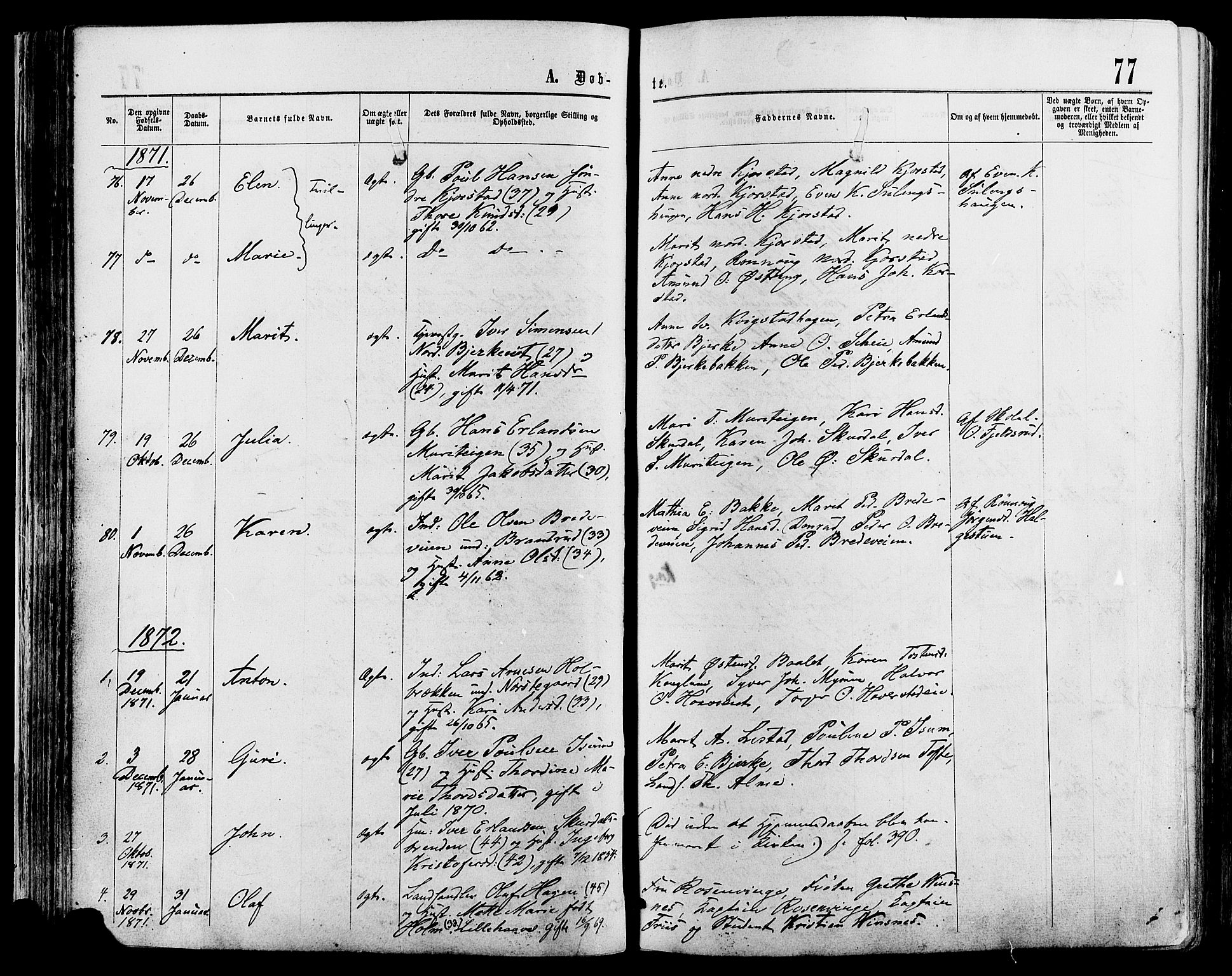 Sør-Fron prestekontor, AV/SAH-PREST-010/H/Ha/Haa/L0002: Parish register (official) no. 2, 1864-1880, p. 77