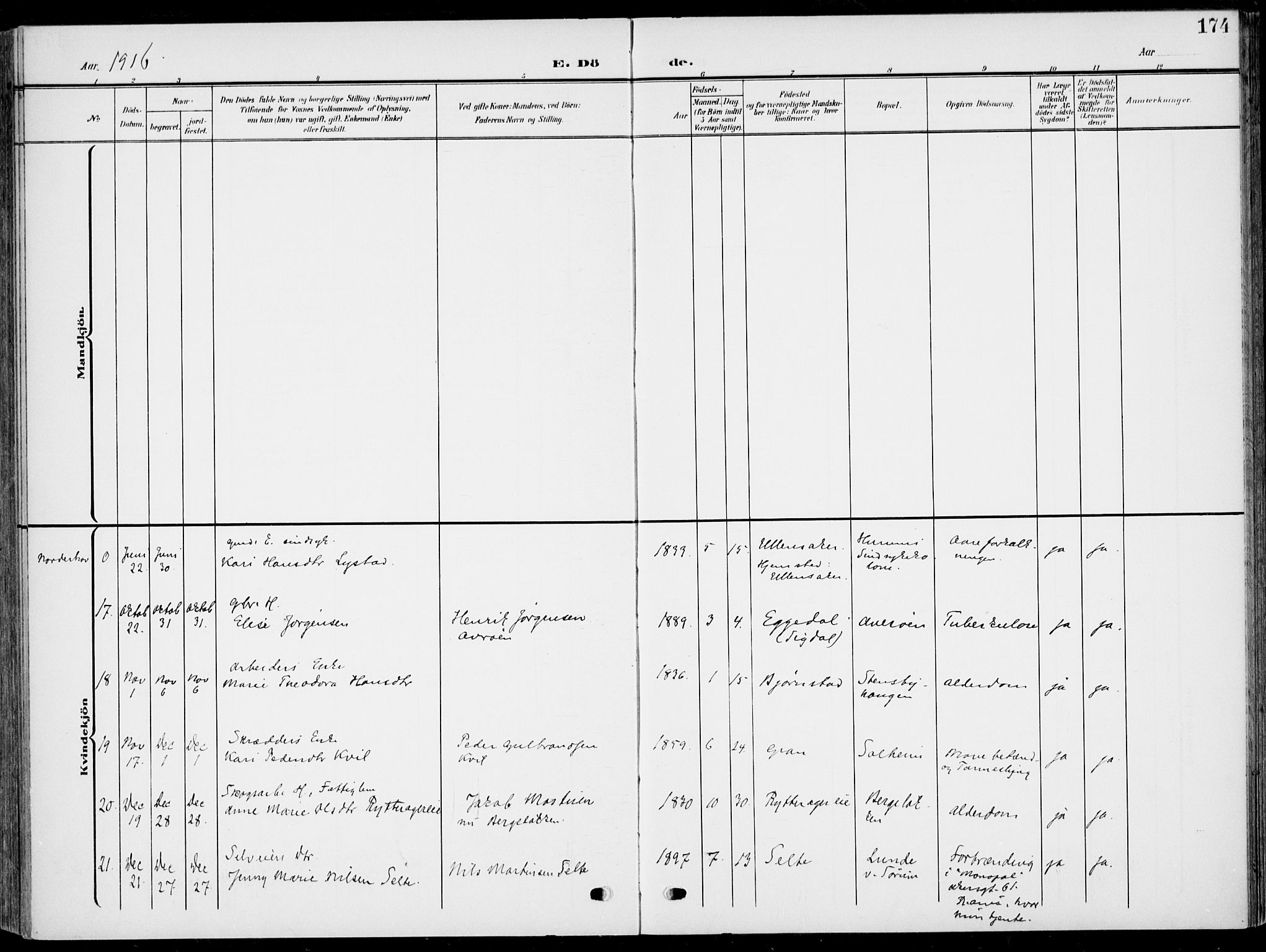 Hole kirkebøker, AV/SAKO-A-228/F/Fa/L0010: Parish register (official) no. I 10, 1907-1917, p. 174