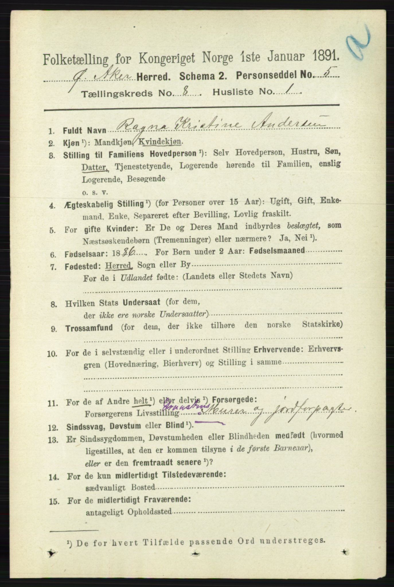 RA, 1891 census for 0218 Aker, 1891, p. 7237