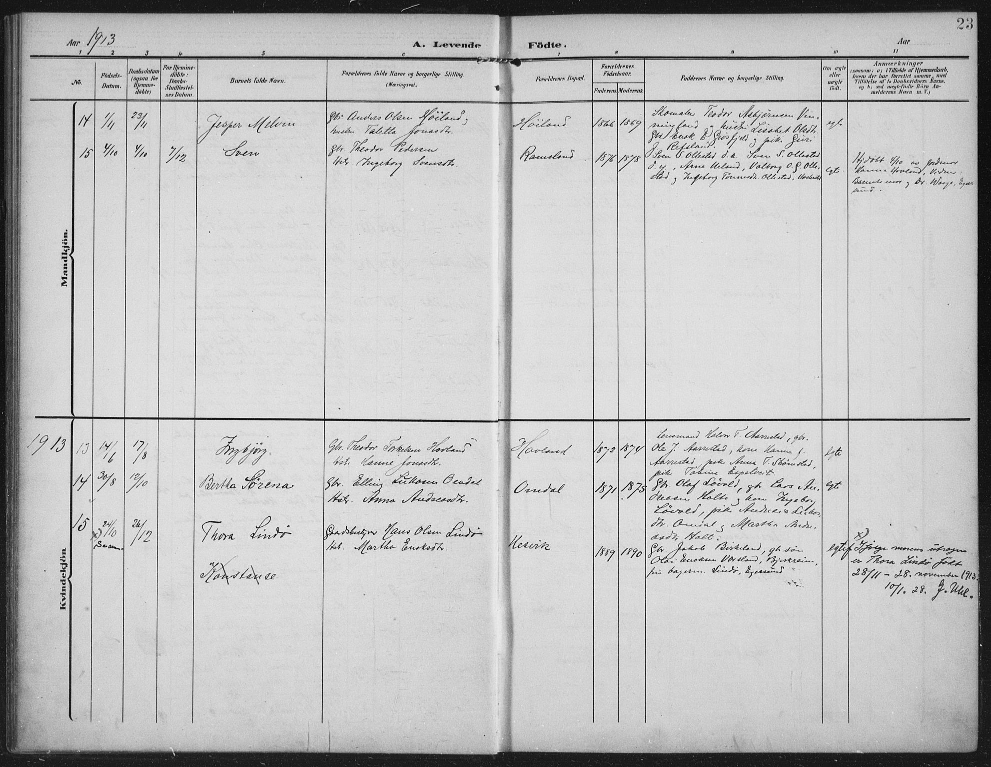 Helleland sokneprestkontor, AV/SAST-A-101810: Parish register (official) no. A 12, 1906-1923, p. 23