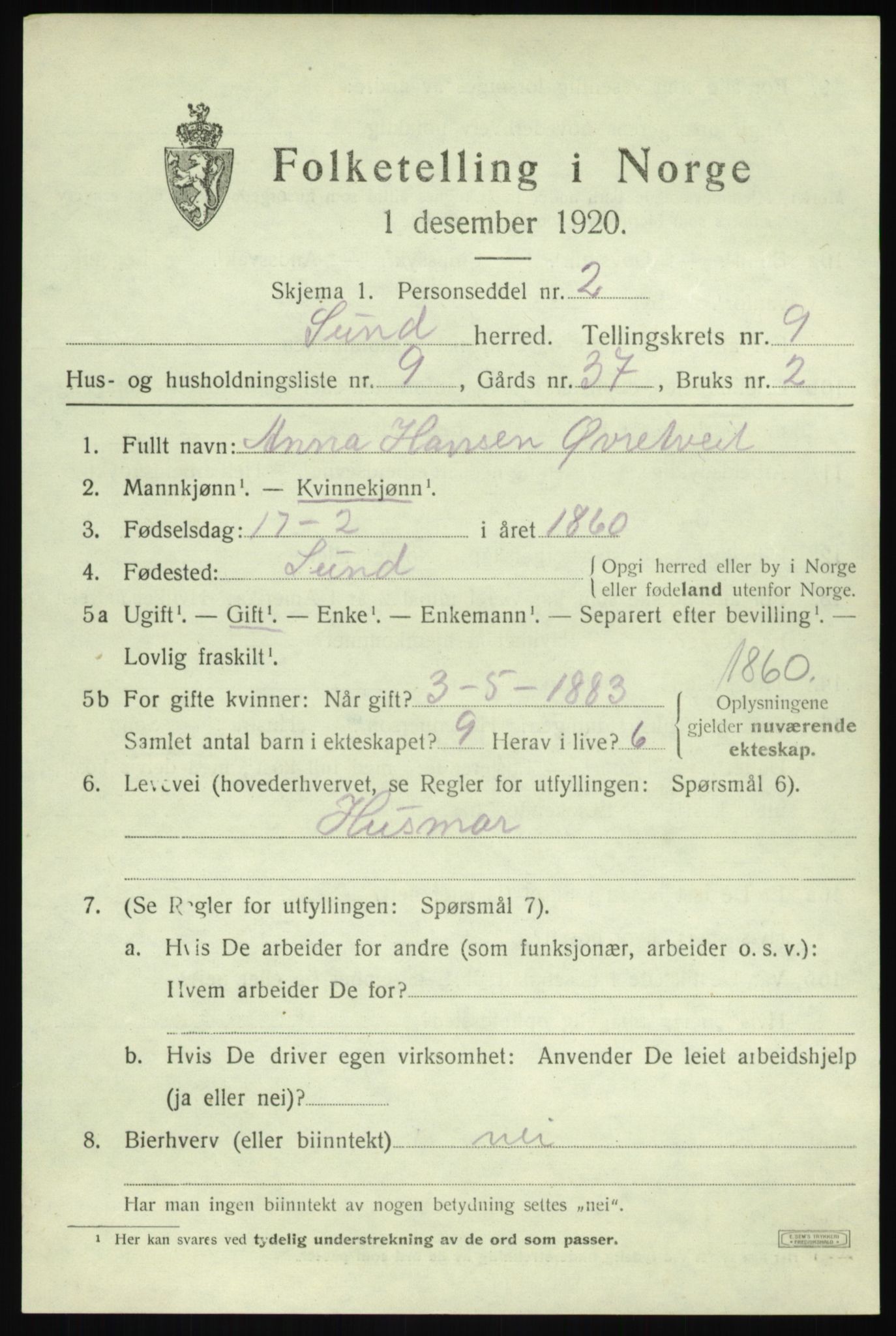 SAB, 1920 census for Sund, 1920, p. 5401