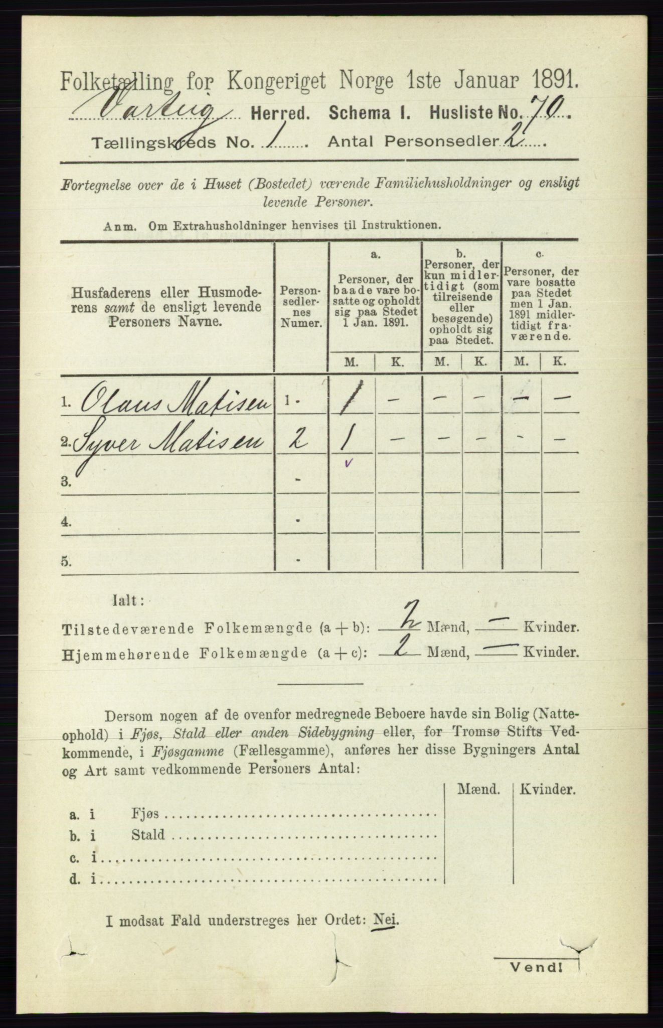 RA, 1891 census for 0114 Varteig, 1891, p. 85