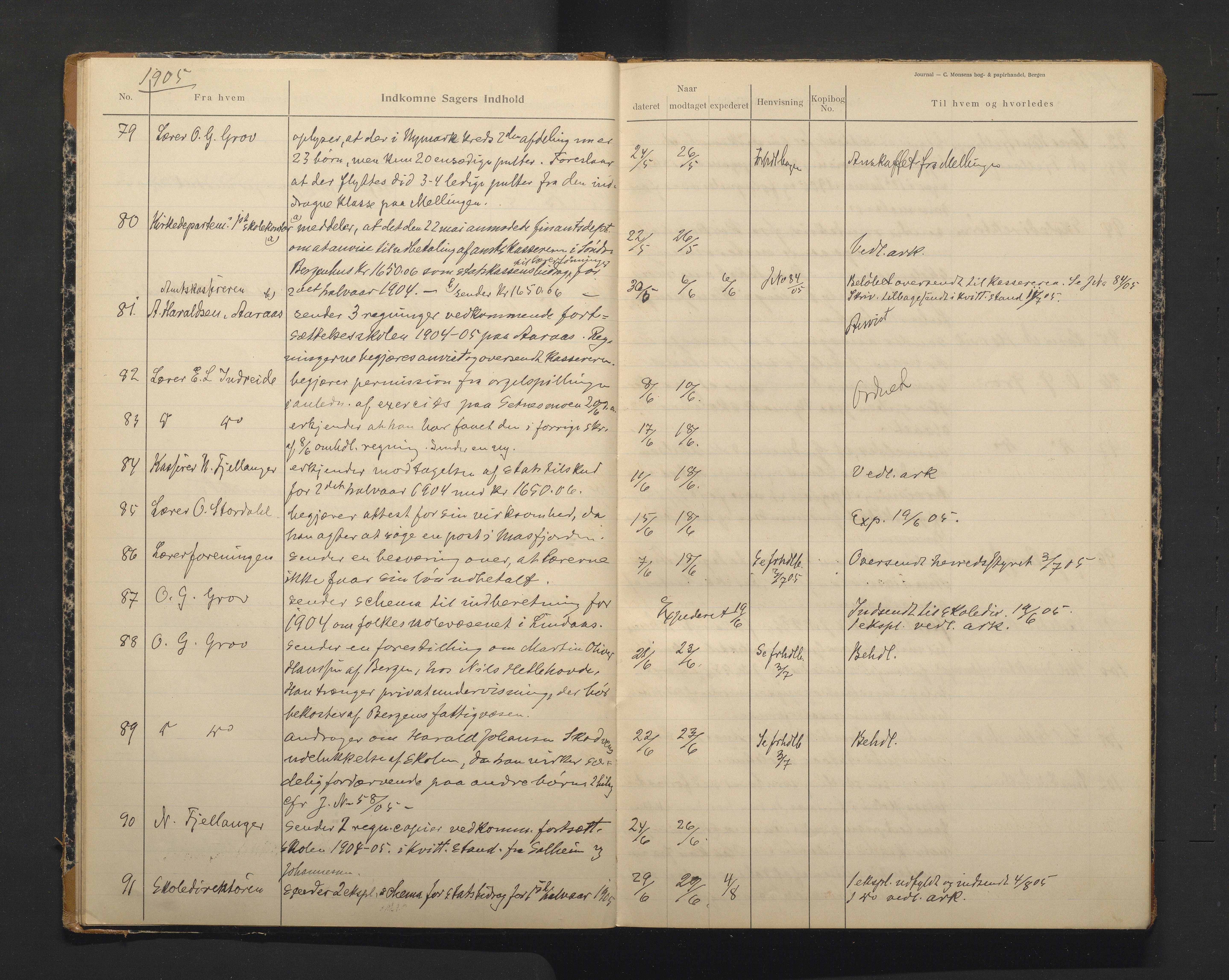 Lindås kommune. Skulestyret, IKAH/1263-211/C/Ca/L0002: Postjournal for Lindås skulestyre, 1905-1908