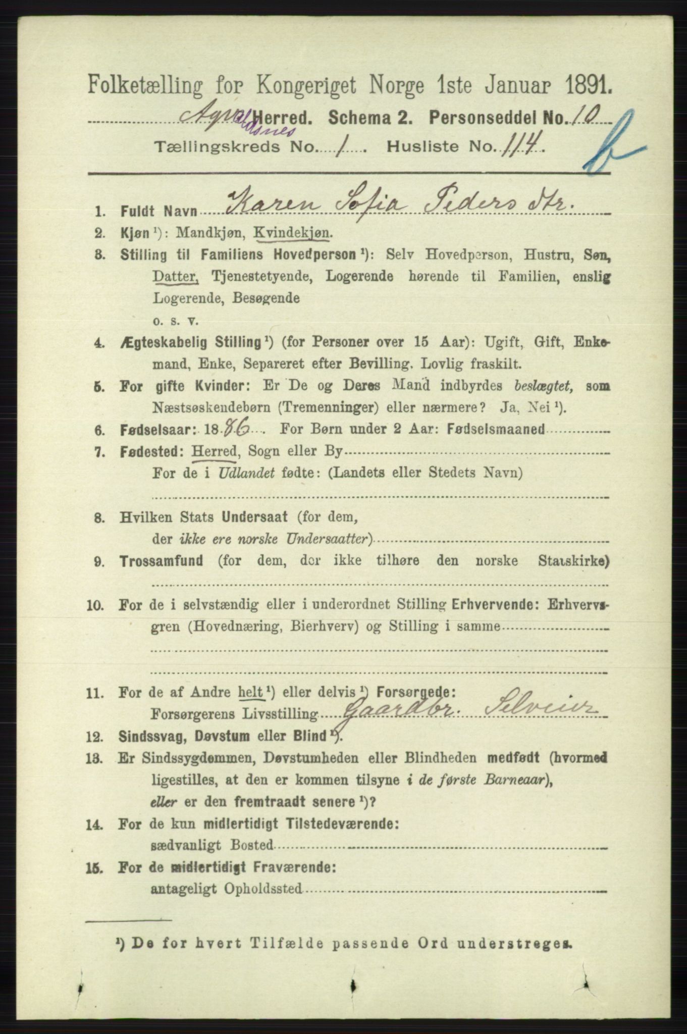 RA, 1891 census for 1147 Avaldsnes, 1891, p. 1881