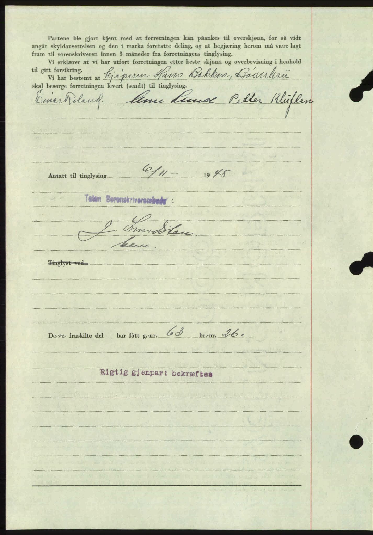 Toten tingrett, SAH/TING-006/H/Hb/Hbc/L0013: Mortgage book no. Hbc-13, 1945-1945, Diary no: : 1505/1945