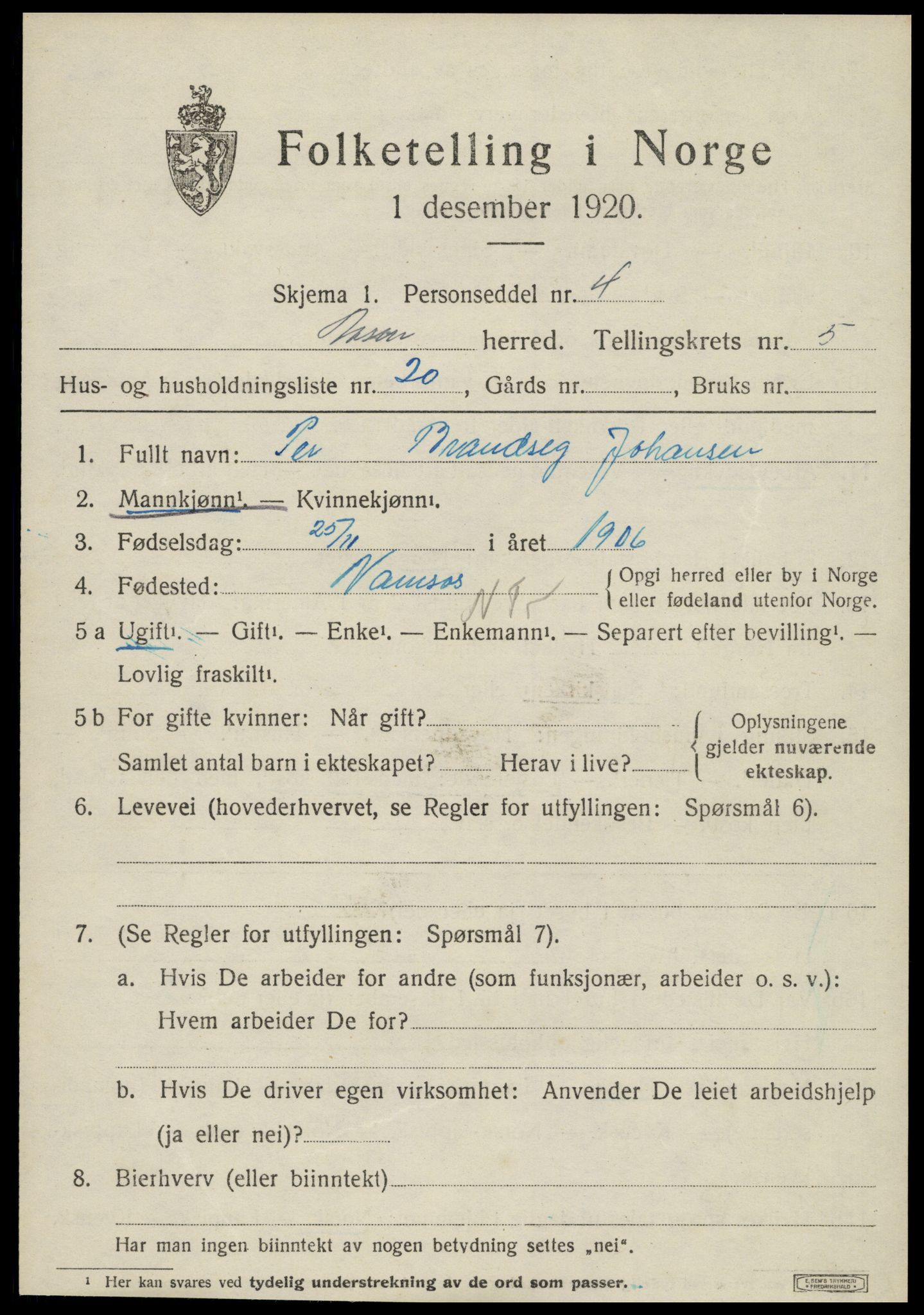 SAT, 1920 census for Åsen, 1920, p. 4258