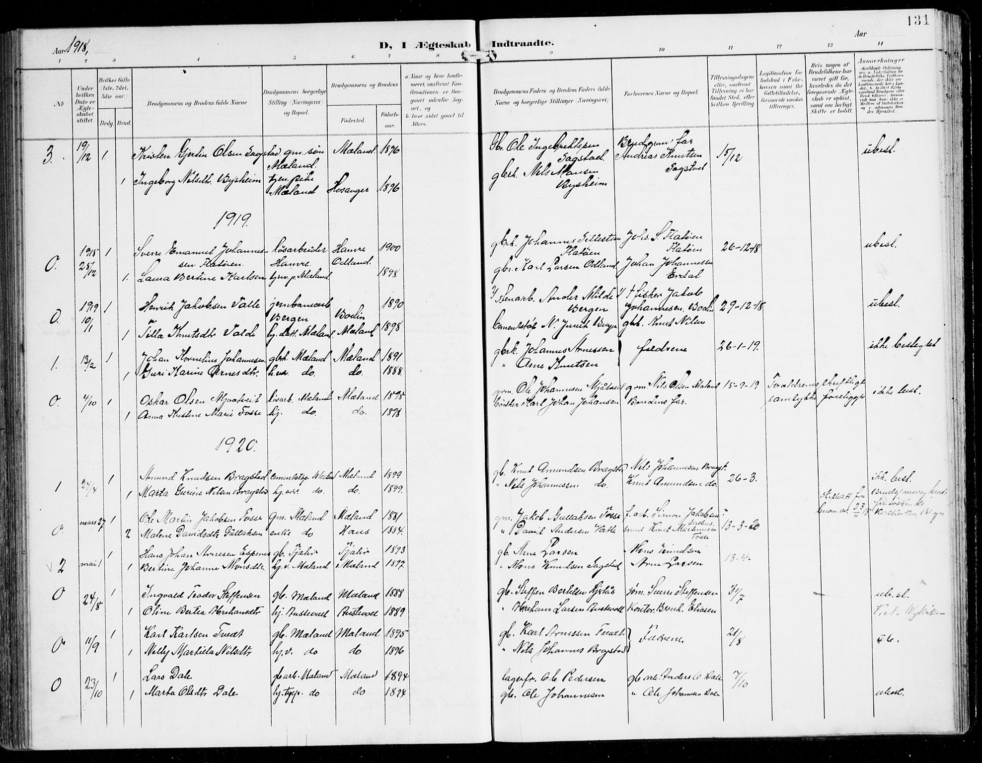 Alversund Sokneprestembete, SAB/A-73901/H/Ha/Haa/Haac/L0002: Parish register (official) no. C 2, 1901-1921, p. 131