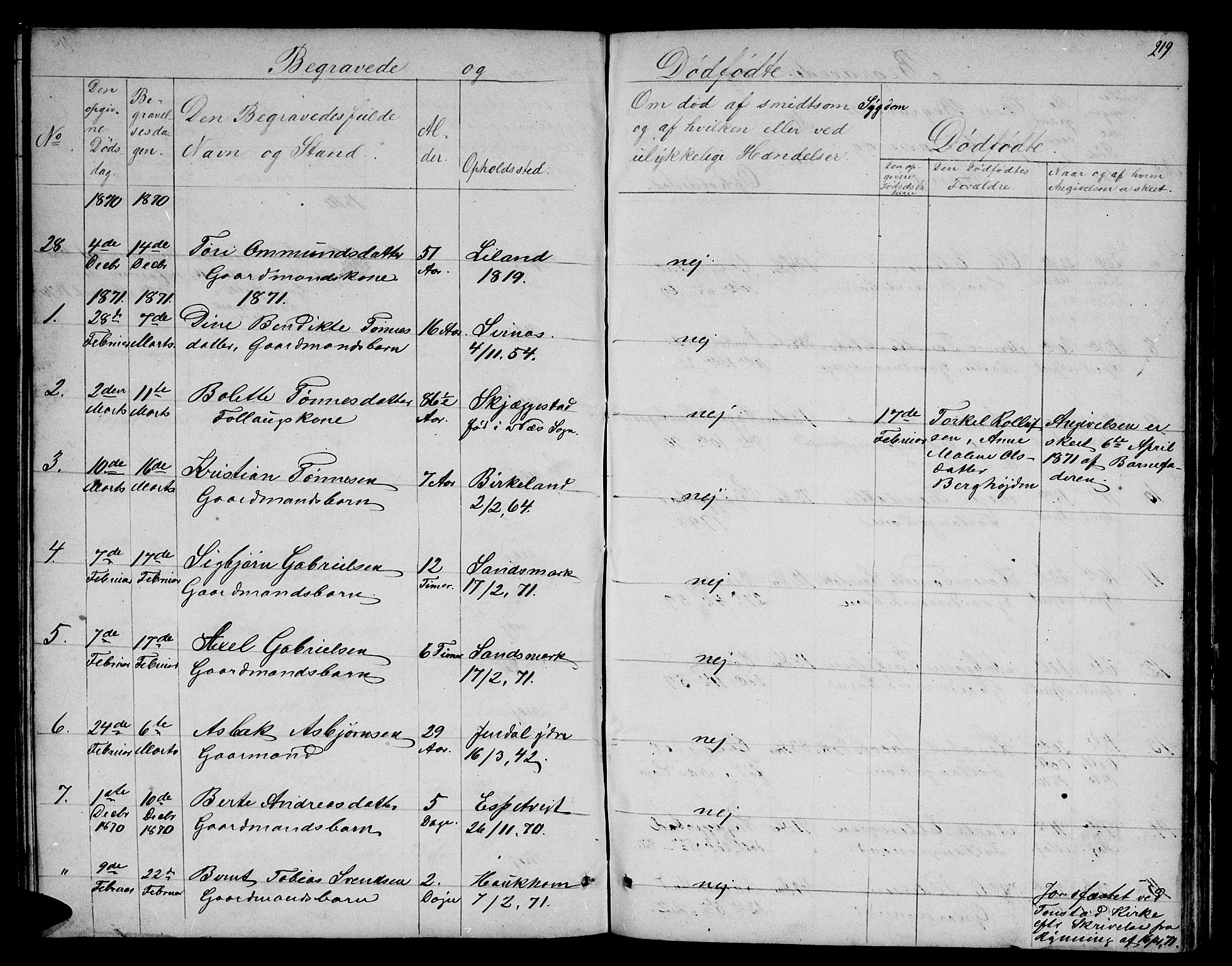 Bakke sokneprestkontor, SAK/1111-0002/F/Fb/Fba/L0001: Parish register (copy) no. B 1, 1849-1879, p. 219