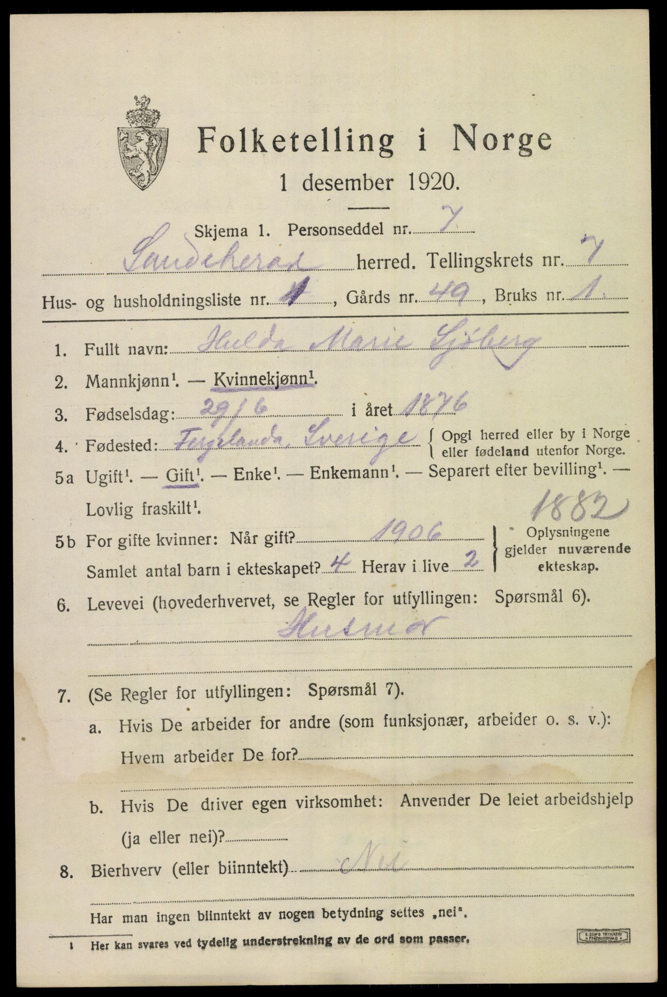 SAKO, 1920 census for Sandeherred, 1920, p. 11926