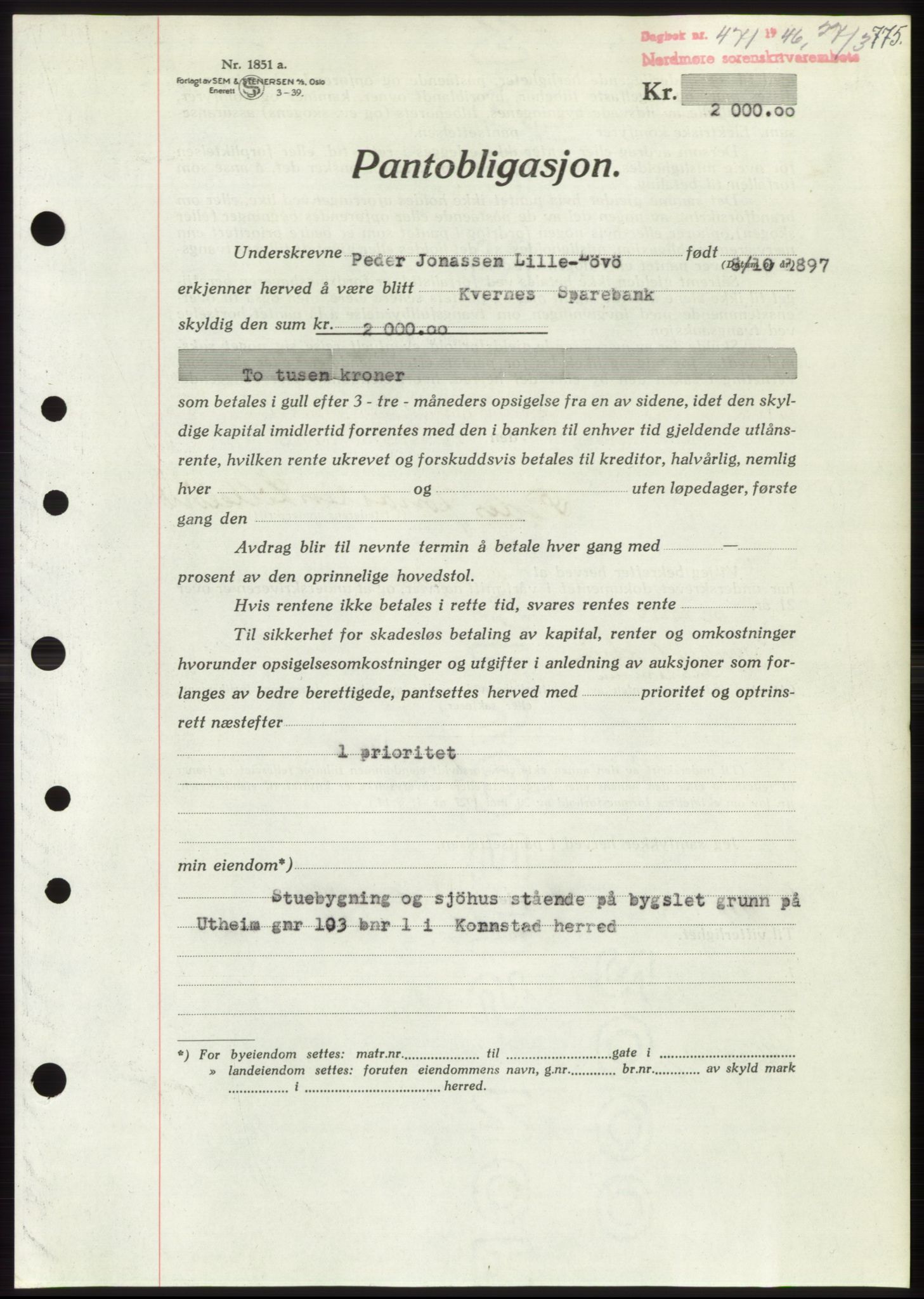 Nordmøre sorenskriveri, AV/SAT-A-4132/1/2/2Ca: Mortgage book no. B93b, 1946-1946, Diary no: : 471/1946